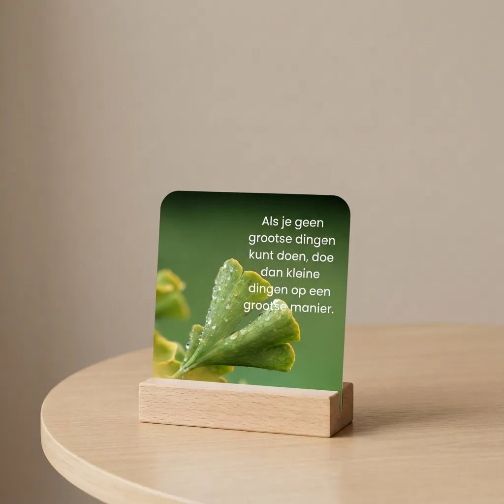 Affirmatiekaart van 9 x 9 cm in houten houder in rustige setting met veel ruimte voor tekst, onderdeel van de 365 dagen positieve inspiratie set