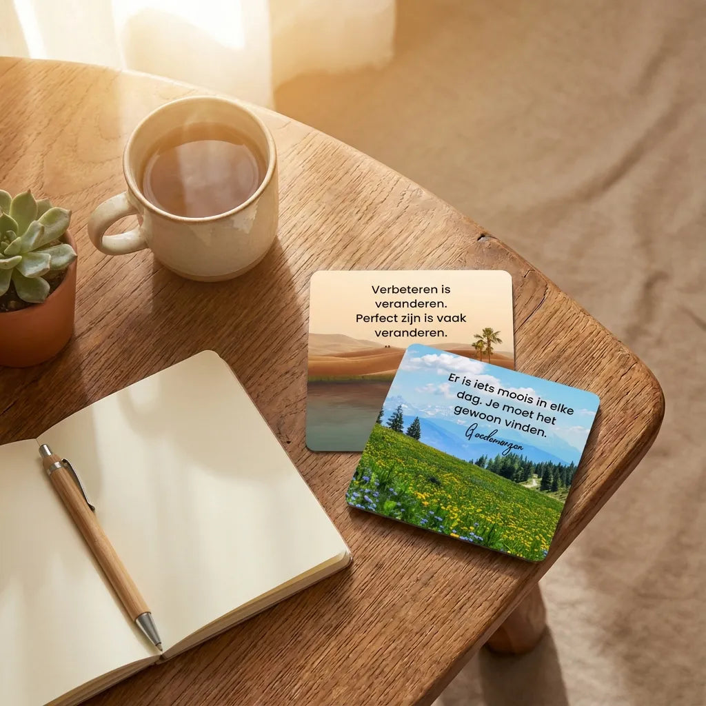 Lifestyle afbeelding van 1–2 kaarten uit de 365 dagen positieve inspiratie set op ontbijt- of bureau tafel, met koffie, notitieboekje en plantje, warme rustige sfeer