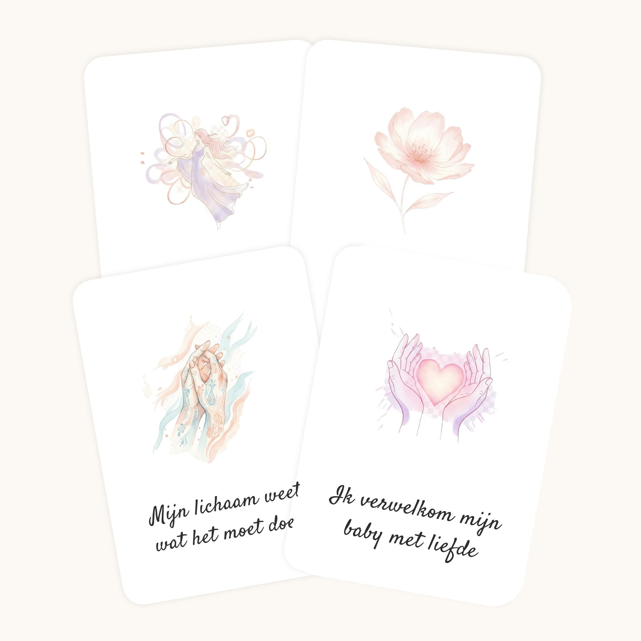 Detail van affirmatiekaarten voor de bevalling in boho aquarel