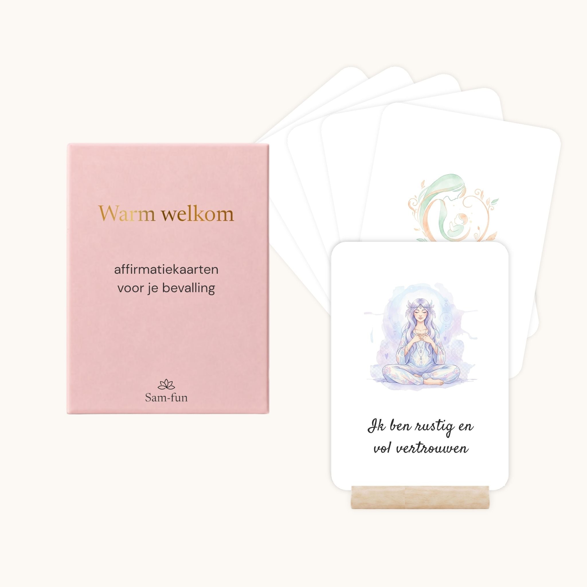 Affirmatiekaarten voor de bevalling in boho aquarel met houten houder