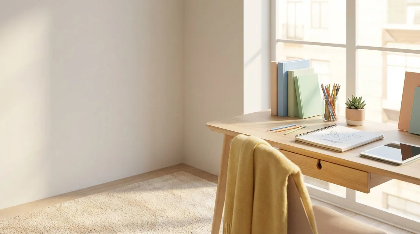 Hero image voor de Kinderen & Jongeren collectie, zachte en lichte interieursetting met tafel en speelse kindvriendelijke details, ruimte links voor tekst.