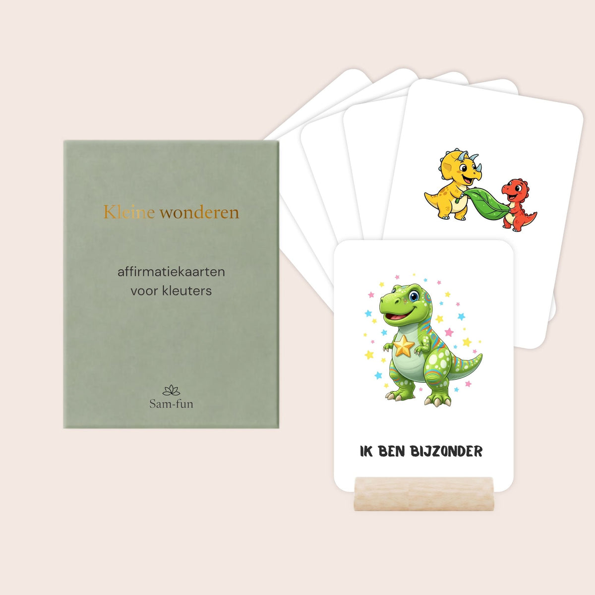 Affirmatiekaarten voor kleuters met dinosaurussen en houten kaarthouder