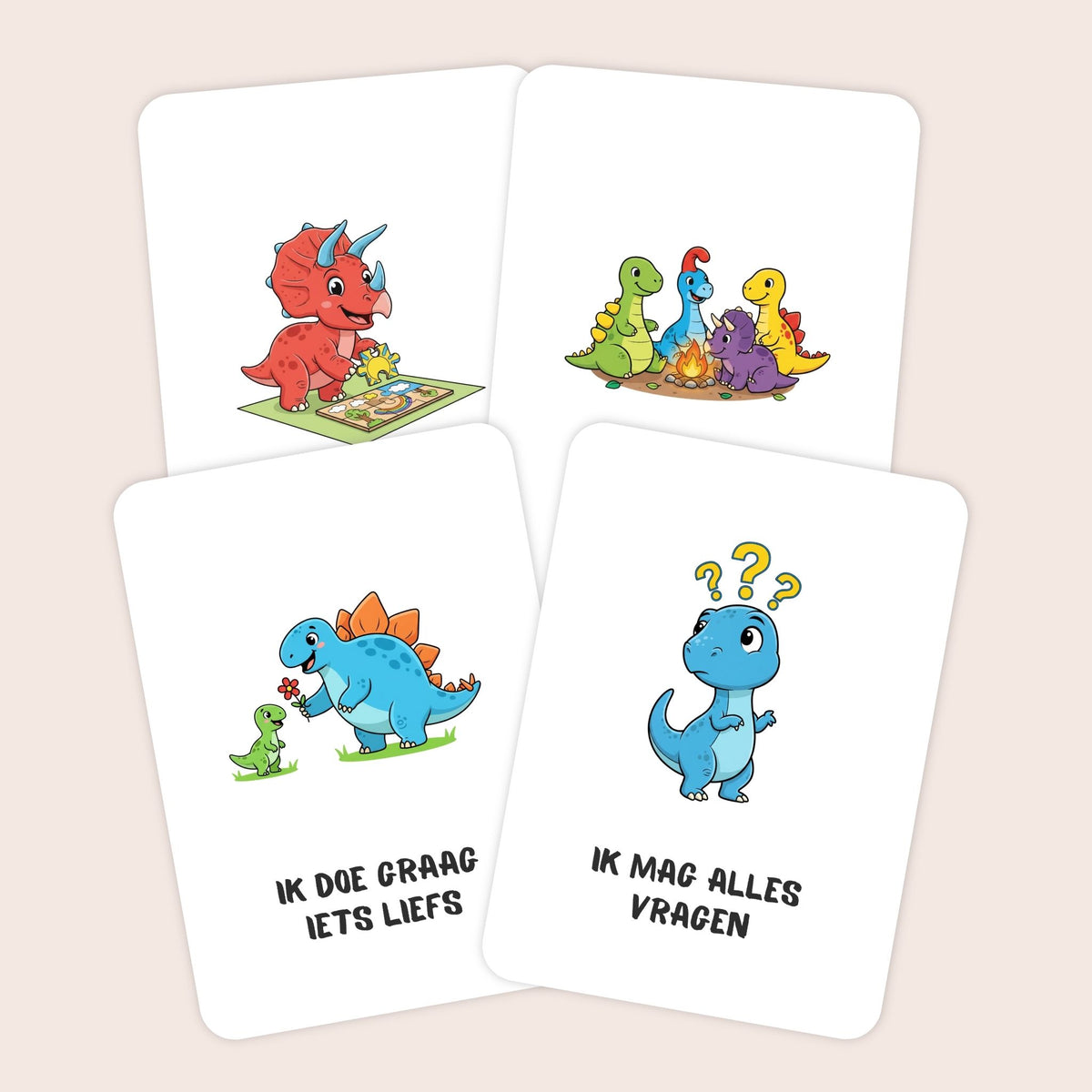 Voorbeelden van affirmatiekaarten voor kleuters met illustraties van dinosaurussen