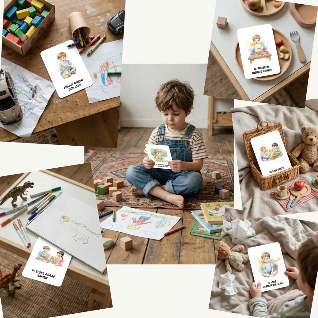 Speelse collage van A7 affirmatiekaarten voor kleuters jongens in stoere aquarel kleuren, getoond in het dagelijks leven van een kind