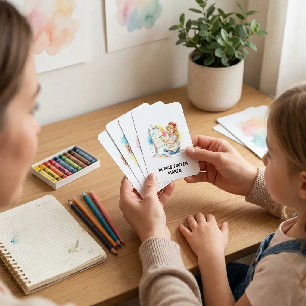 Ouder en 5 jarig meisje gebruiken samen A7 affirmatiekaarten voor kleuters in zachte aquarel kleuren
