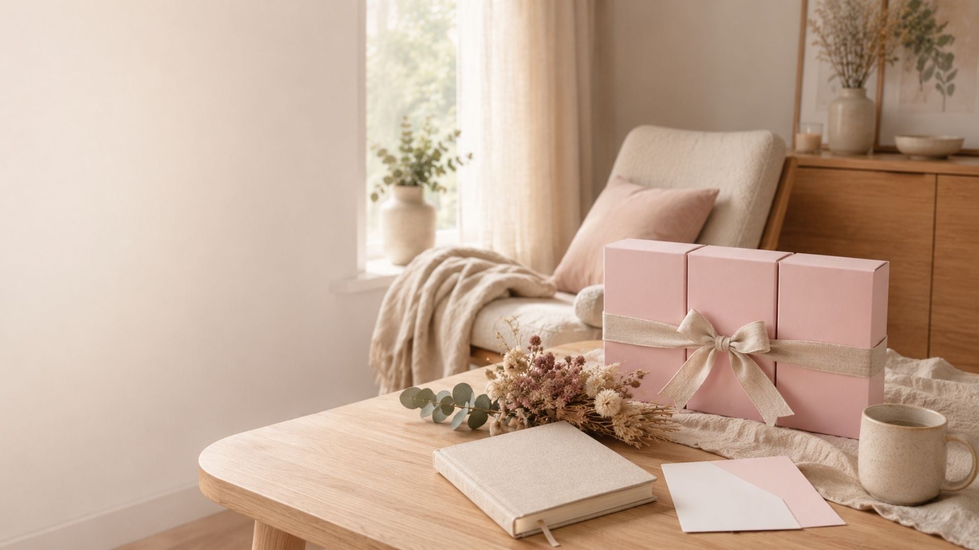 Liefdevol ingepakte cadeauset met drie zachte blushkleurige doosjes op een lichte houten tafel in een warme Scandinavische woonkamer, gestyled met een linnen notitieboekje, subtiele affirmatiekaarten, droogbloemen en zacht daglicht.