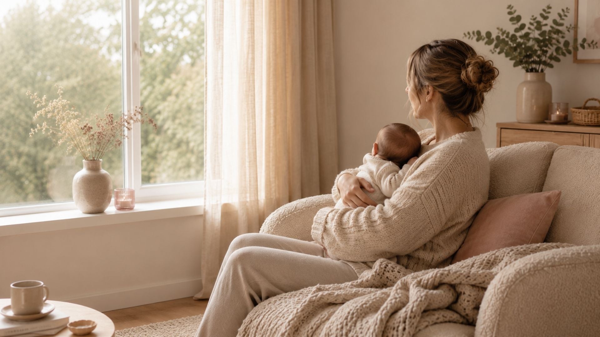 Moeder met haar baby op schoot die samen rustig uit het raam kijken in een warme, huiselijke omgeving na de bevalling.