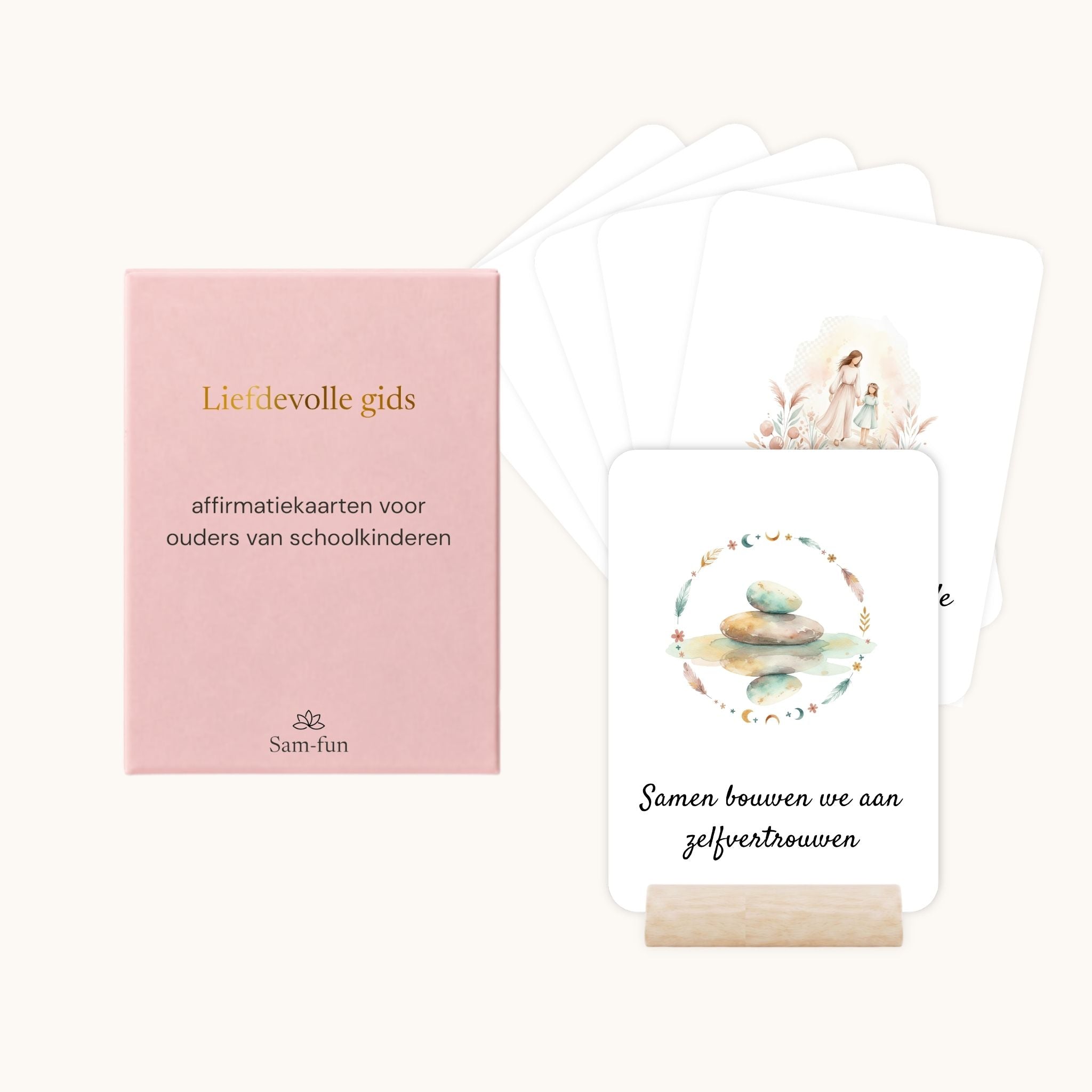 Affirmatiekaarten voor het opvoeden van schoolkinderen in boho aquarel met houten houder
