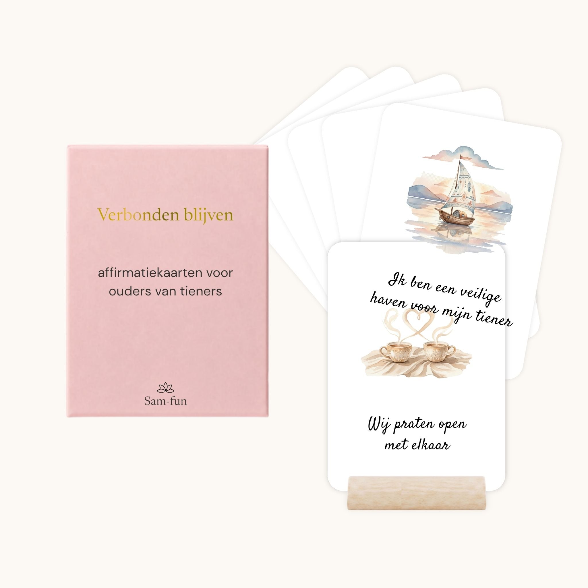 Affirmatiekaarten voor het opvoeden van tieners in boho aquarel met houten houder