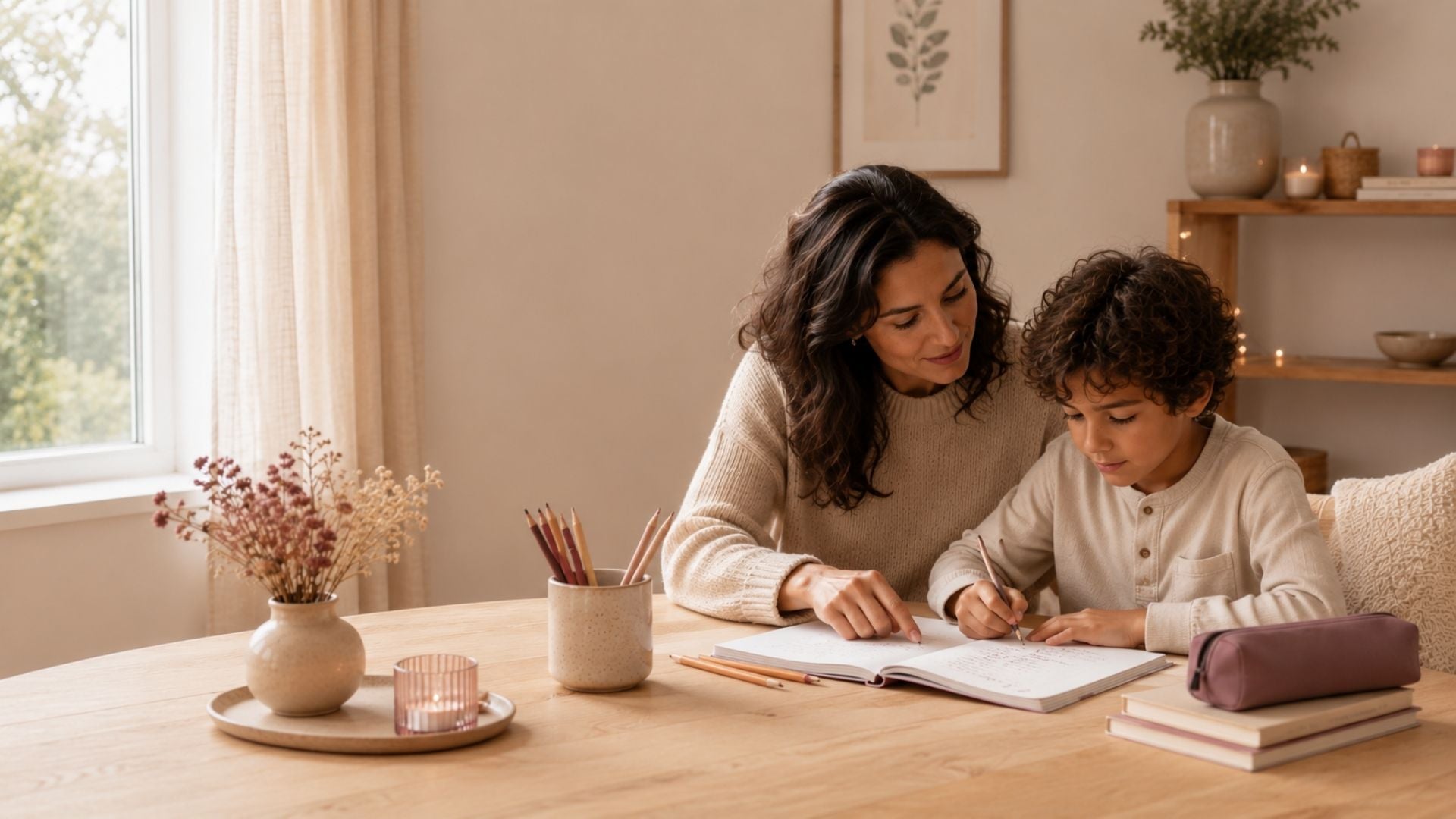 Ouder helpt een schoolkind met huiswerk aan een rustige houten tafel in een warm en huiselijk interieur met zacht daglicht.