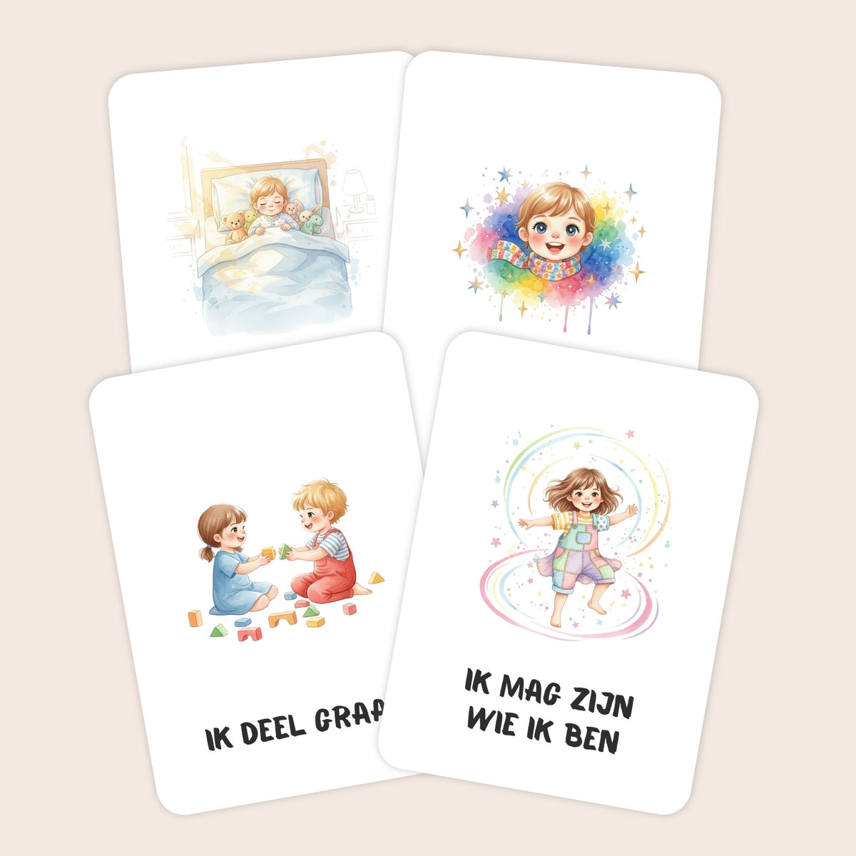 Voorbeelden van affirmatiekaarten voor peuters met illustraties in aquarel voor meisjes