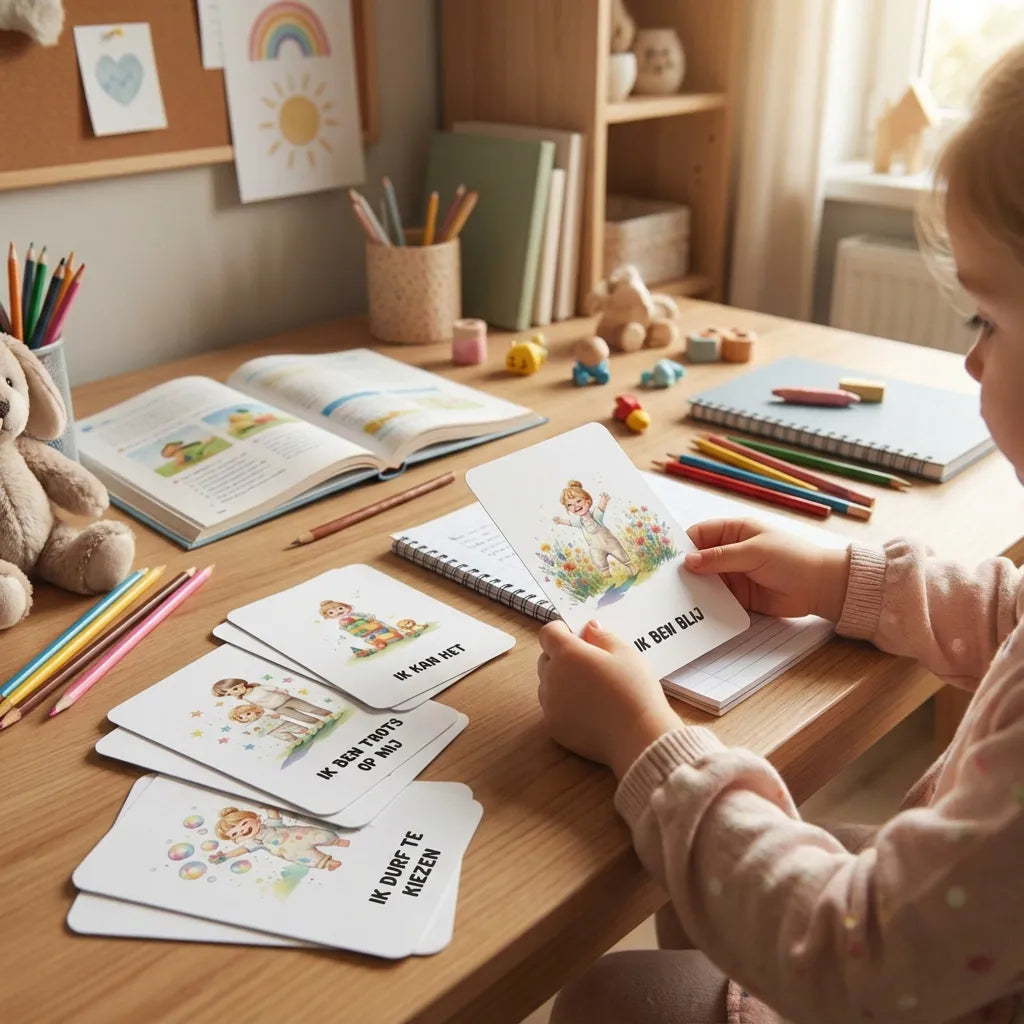 Peutermeisje dat A7 affirmatiekaart in aquarelstijl vasthoudt en bekijkt, gericht op zelfvertrouwen