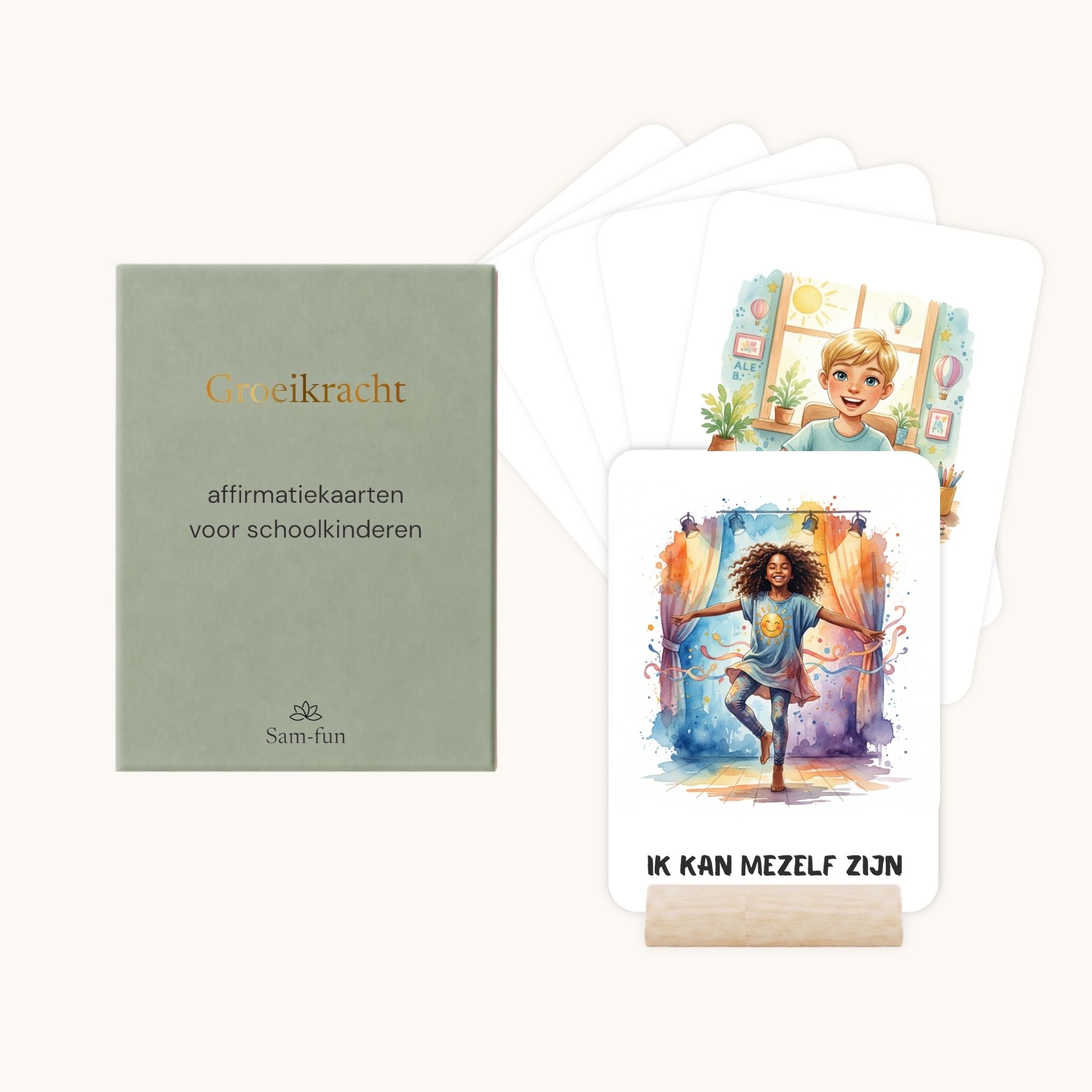 Affirmatiekaarten voor schoolkinderen in aquarelstijl met houten houder