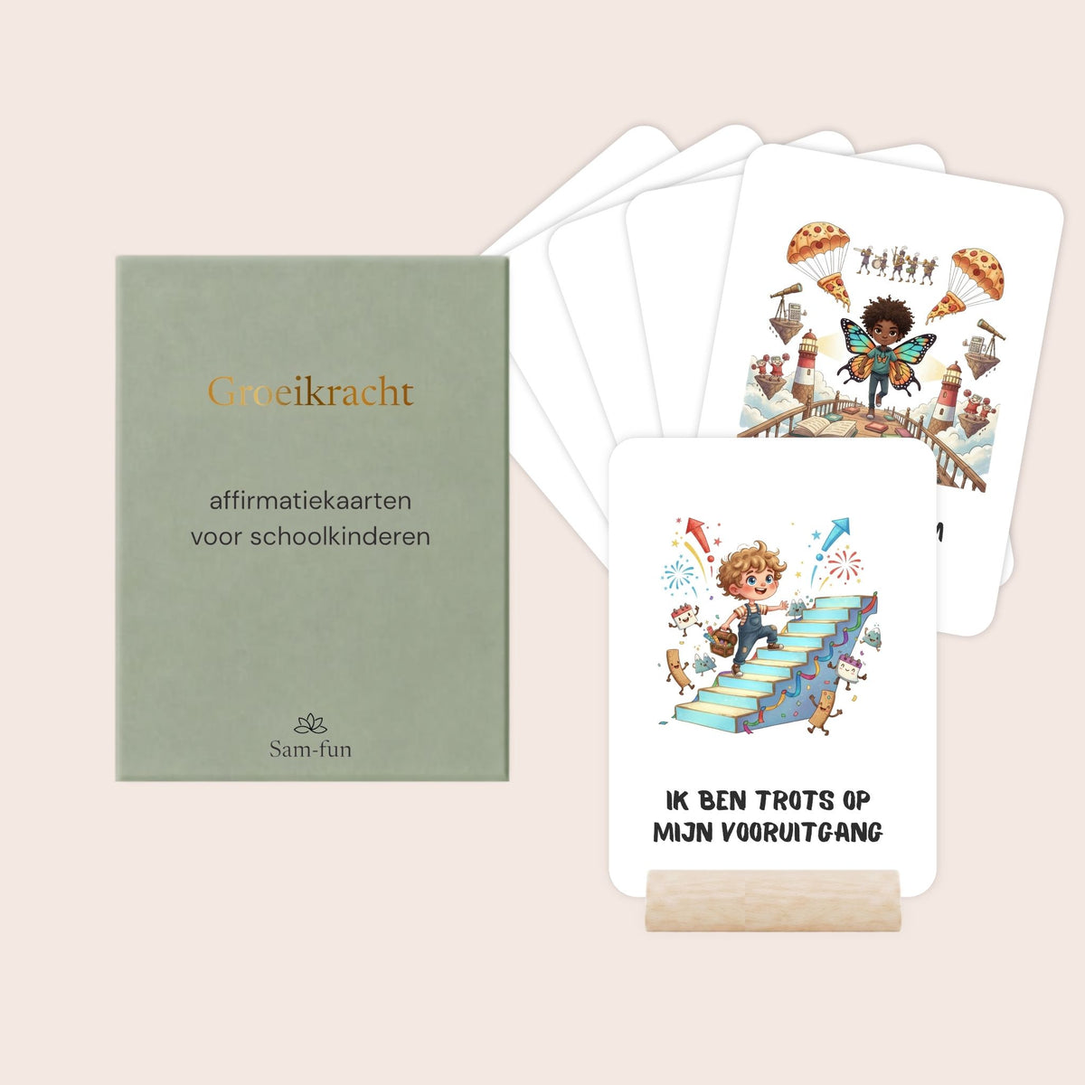 Affirmatiekaarten voor schoolkinderen in quirky stijl met houten kaarthouder