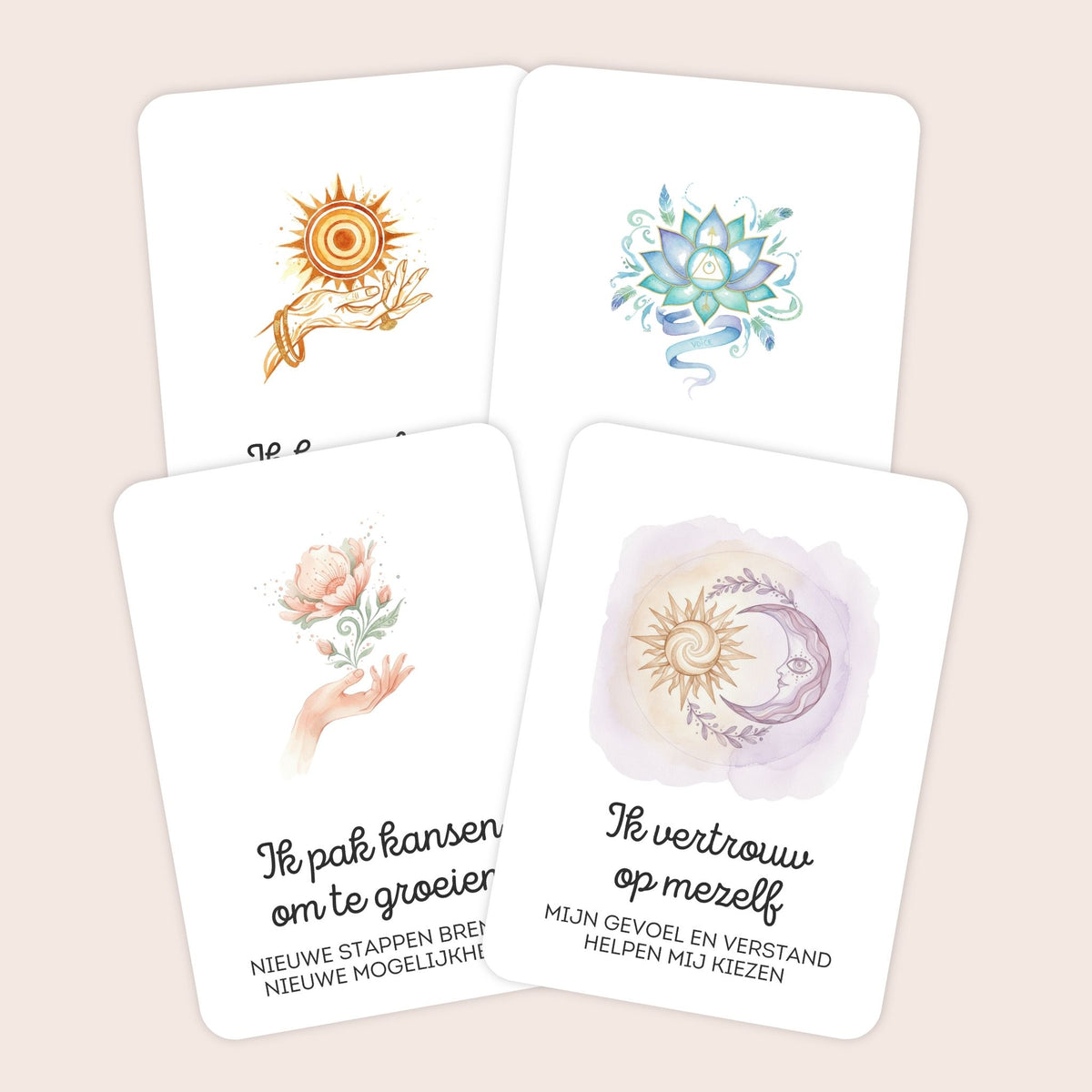 Voorbeelden van affirmatiekaarten voor tieners in aquarel met subtekst