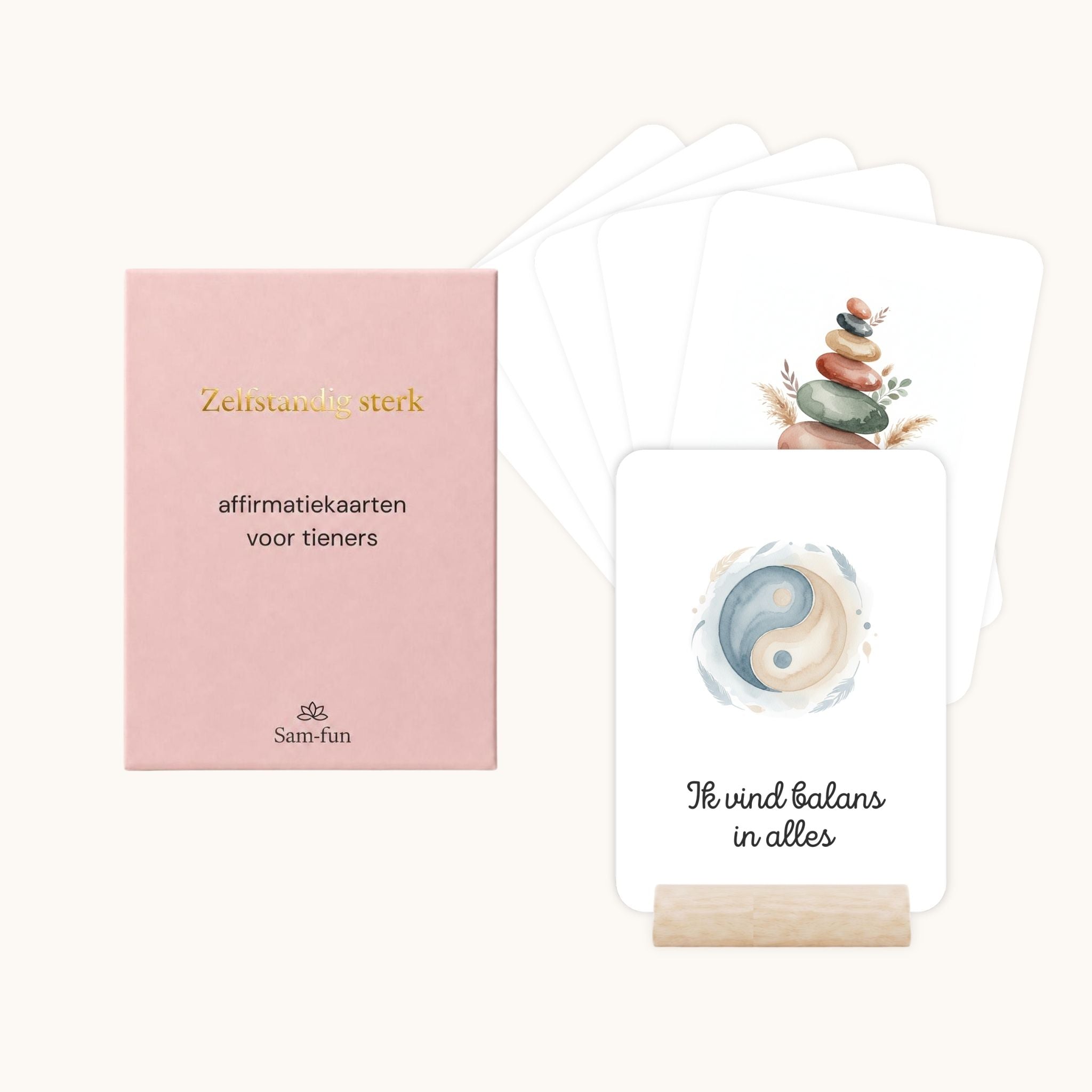 Affirmatiekaarten voor tieners in boho aquarel met houten houder