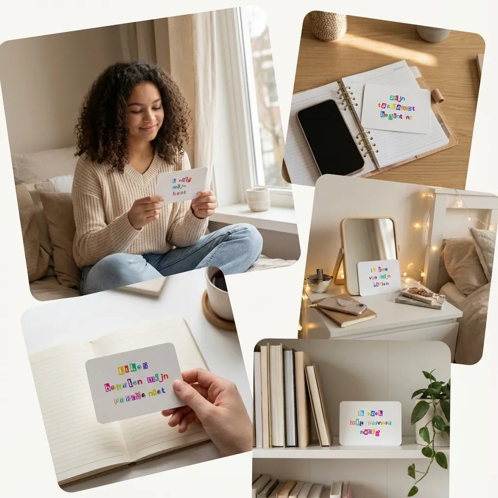 Collage van 30 liggende ransom stijl affirmatiekaarten voor tieners met korte affirmaties, kleurrijk en speels design.