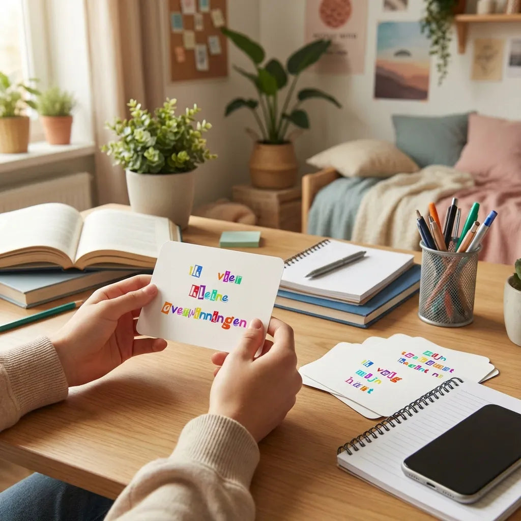 Tiener pakt een liggende ransom stijl affirmatiekaart met korte affirmatie, dagelijks gebruik voor zelfvertrouwen en zelfexpressie.