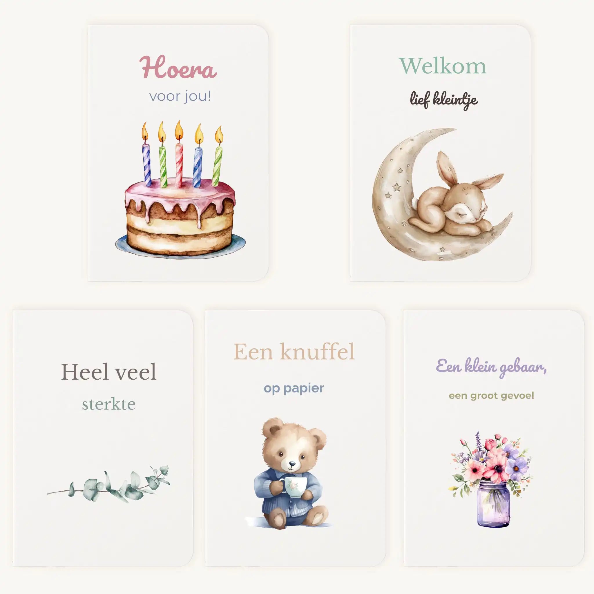 Aquarel kaartenset met 5 handgeschilderde wenskaarten uitgespreid