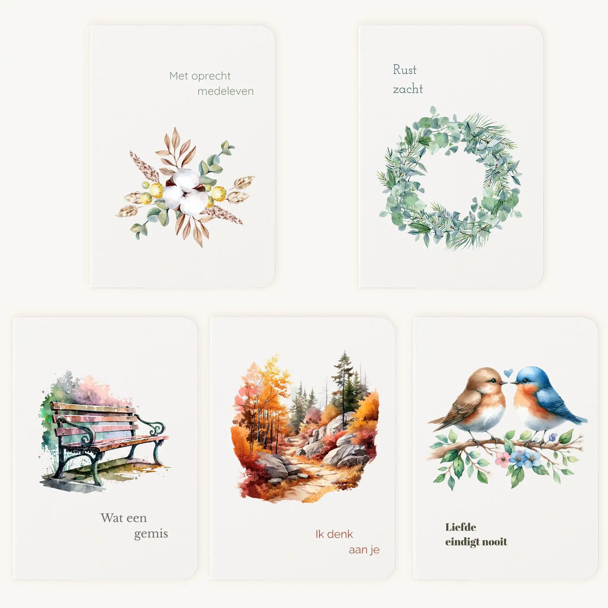 Aquarel kaartenset met 5 laatste handgeschilderde wenskaarten uitgespreid