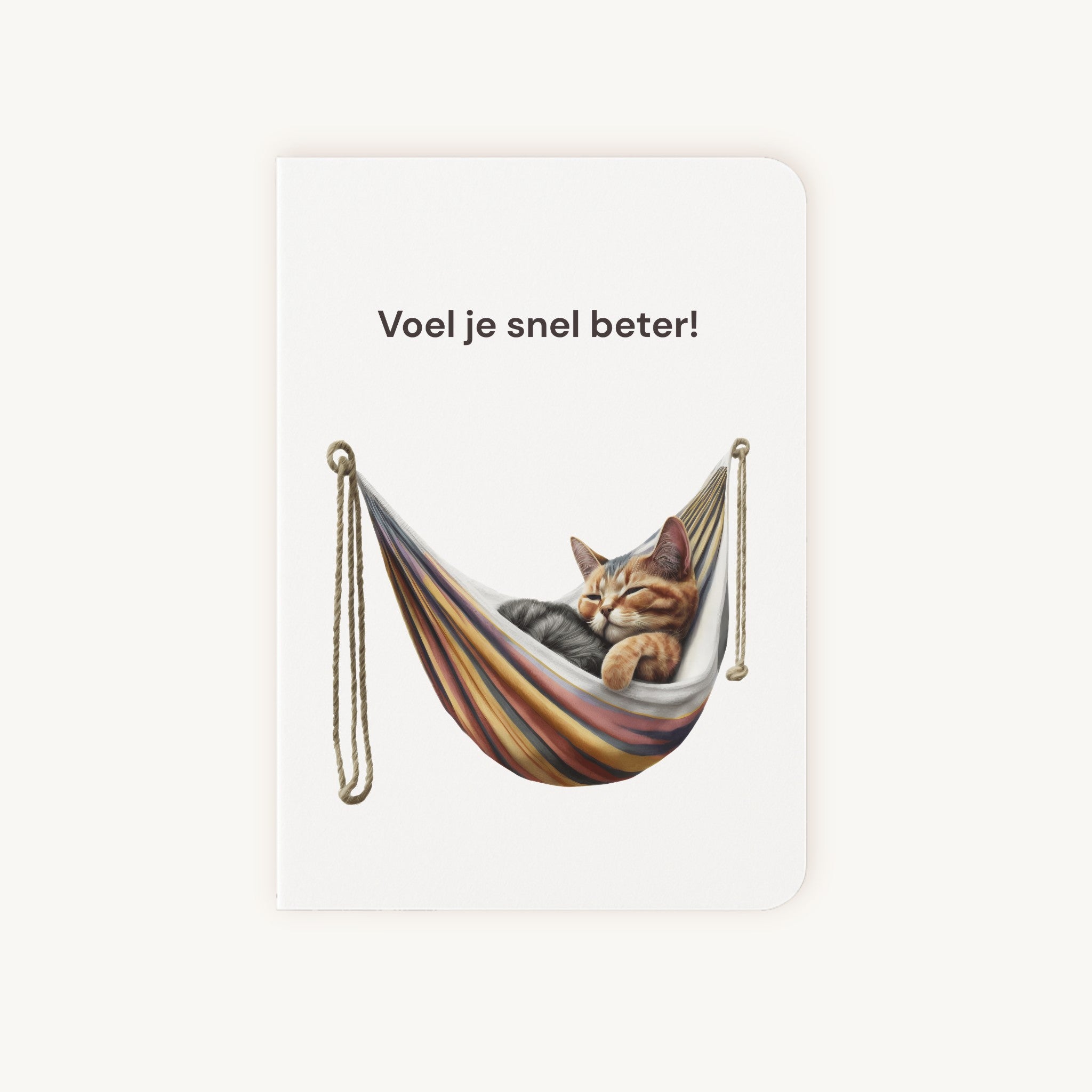 Beterschapskaart voorkant met slapende kat in kleurrijke hangmat