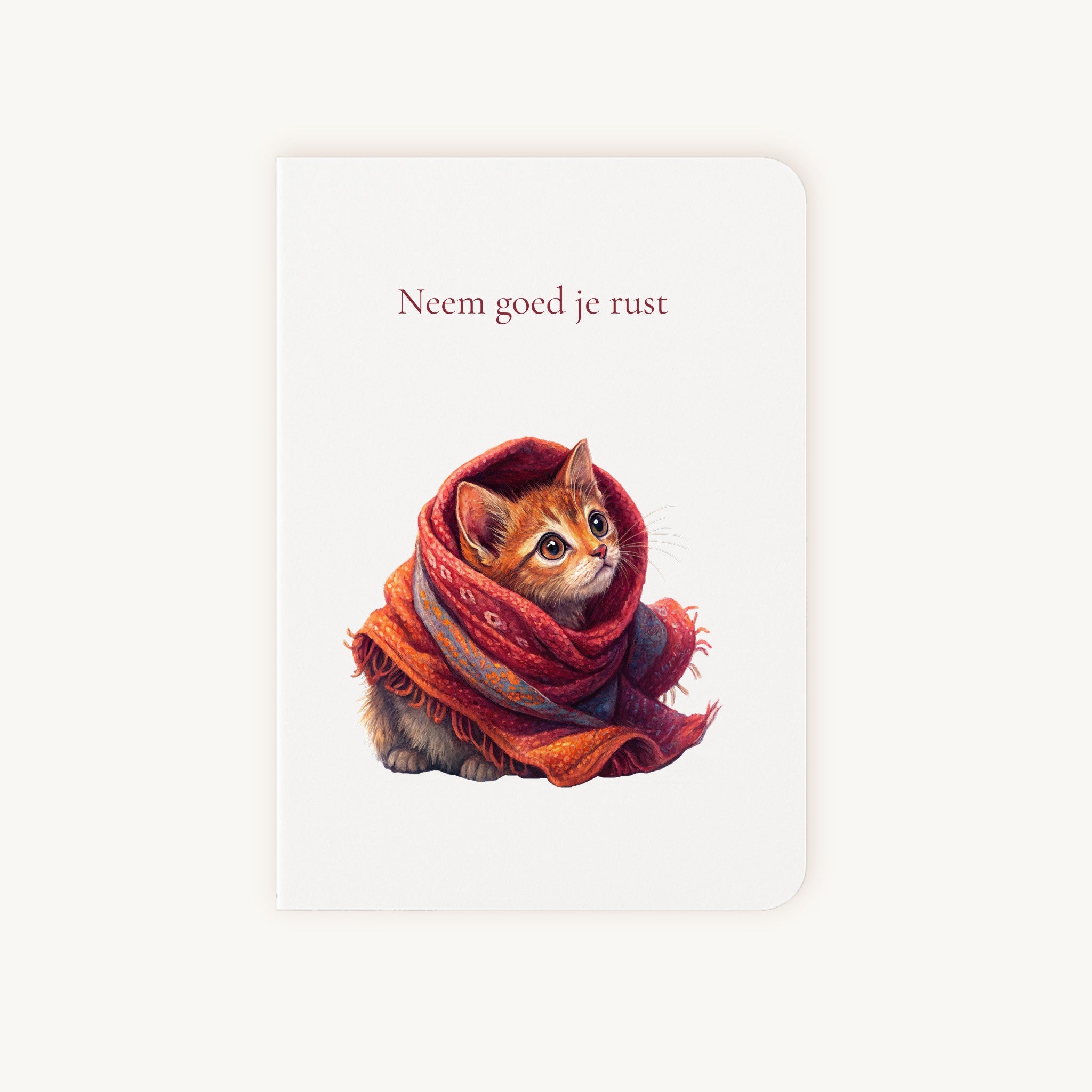 Beterschapskaart met aquarel katje in rood-oranje sjaal en tekst neem goed je rust