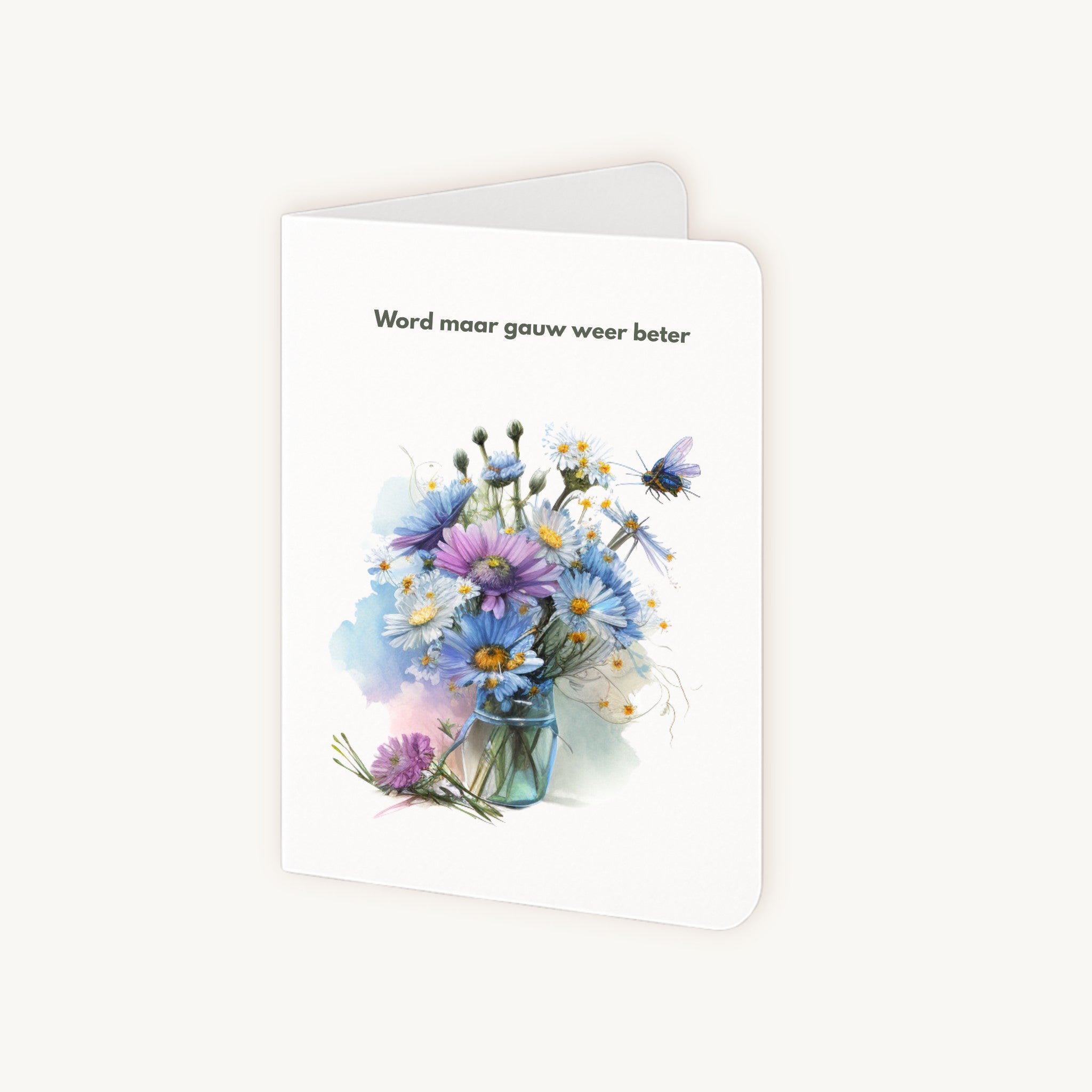 Half geopende beterschapskaart veldbloemen met binnenkant zichtbaar