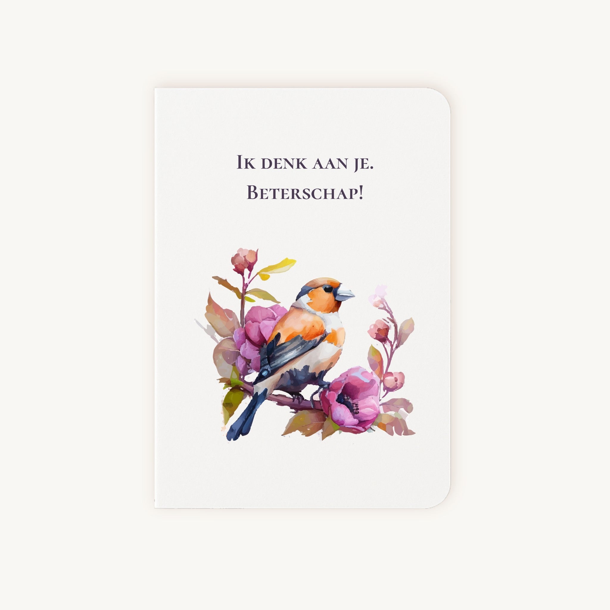 Beterschapskaart voorkant met aquarel vogel en bloemen motief