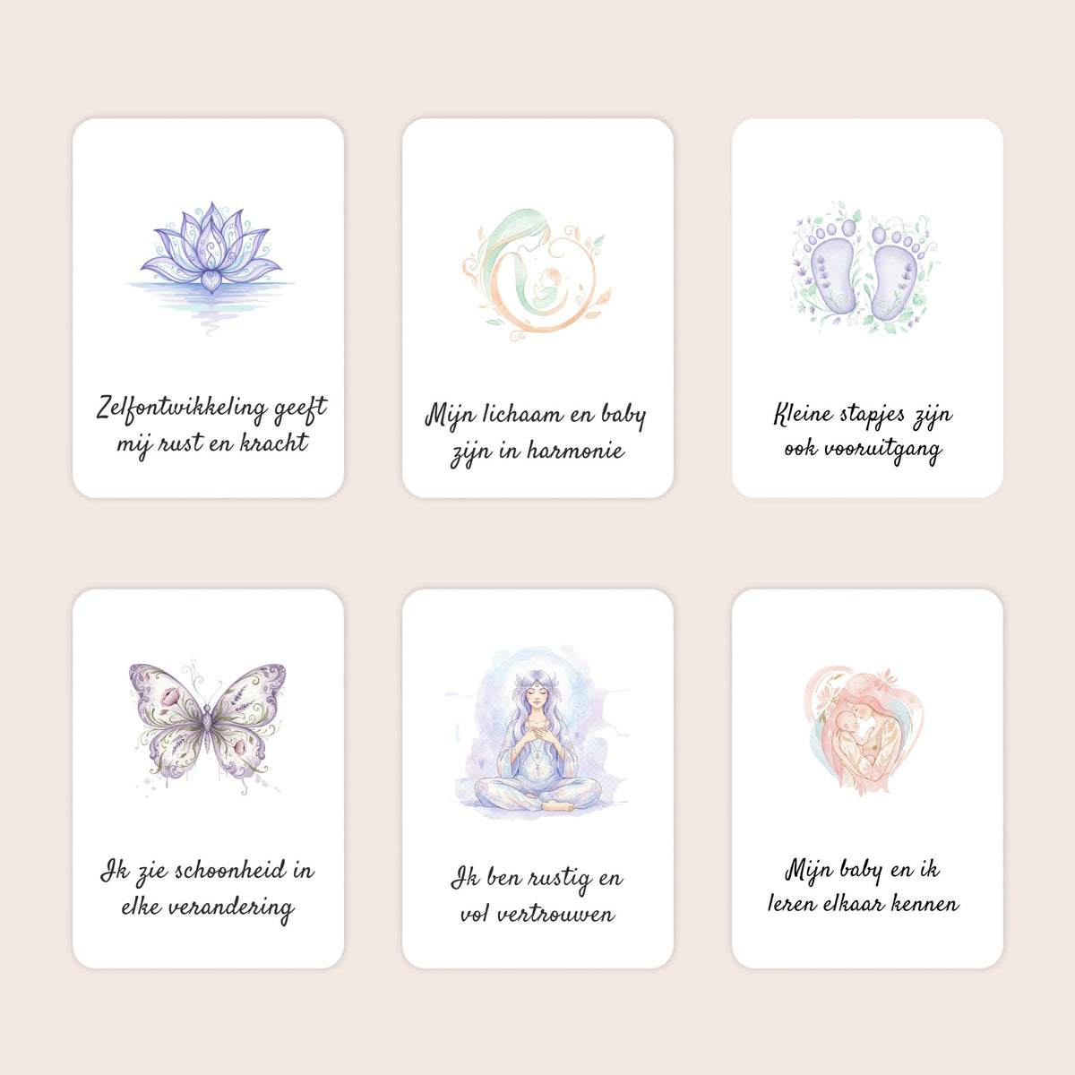 Zes voorbeelden van A7-affirmatiekaarten uit de cadeauset Liefdevolle reis in aquarel