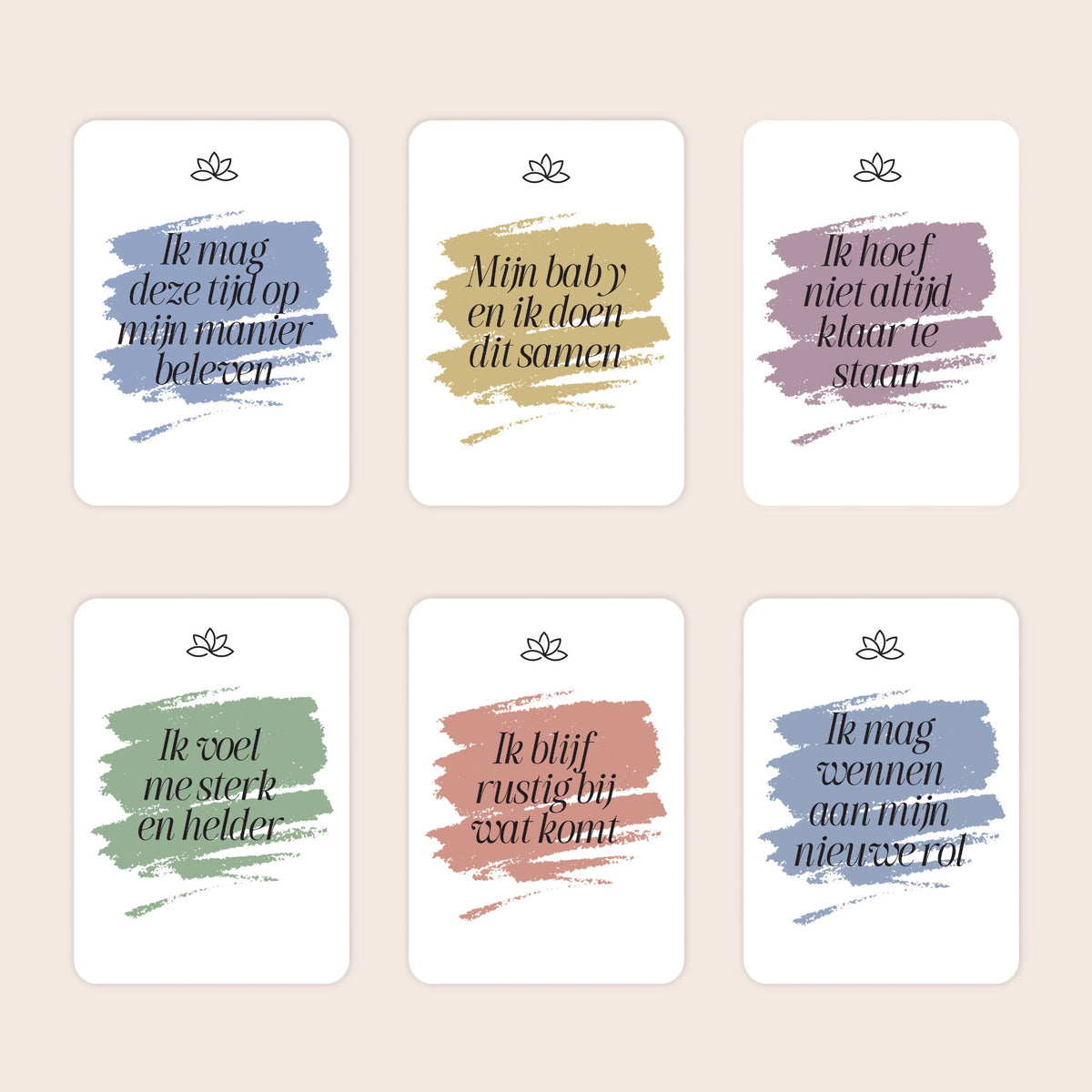 Zes voorbeelden van A7-affirmatiekaarten uit de cadeauset Liefdevolle reis in minimalistische stijl