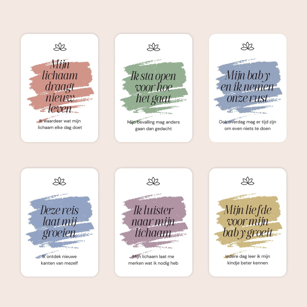 "Zes voorbeelden van A7-affirmatiekaarten met subtekst uit de cadeauset Liefdevolle reis in minimalistische stijl"