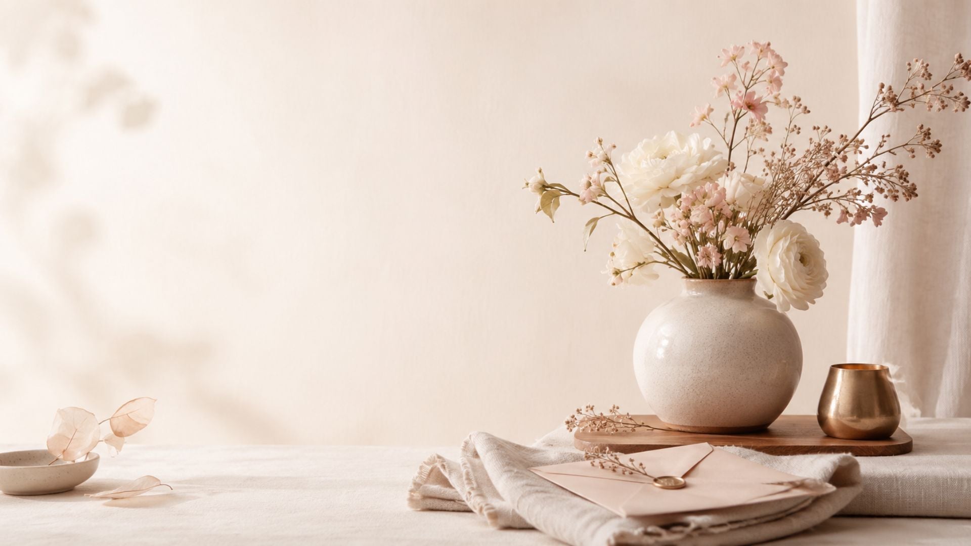 Rustige condoleancesfeer met zachte bloemen, envelop en warme neutrale tinten.
