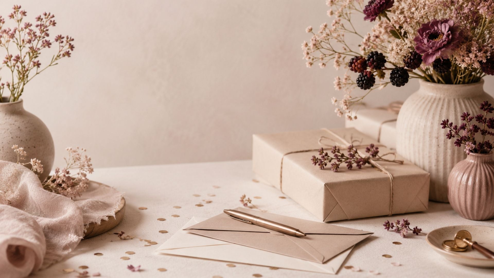 Sfeervolle felicitatiesfeer met enveloppen, cadeau, bloemen en goudaccenten in zachte warme tinten.