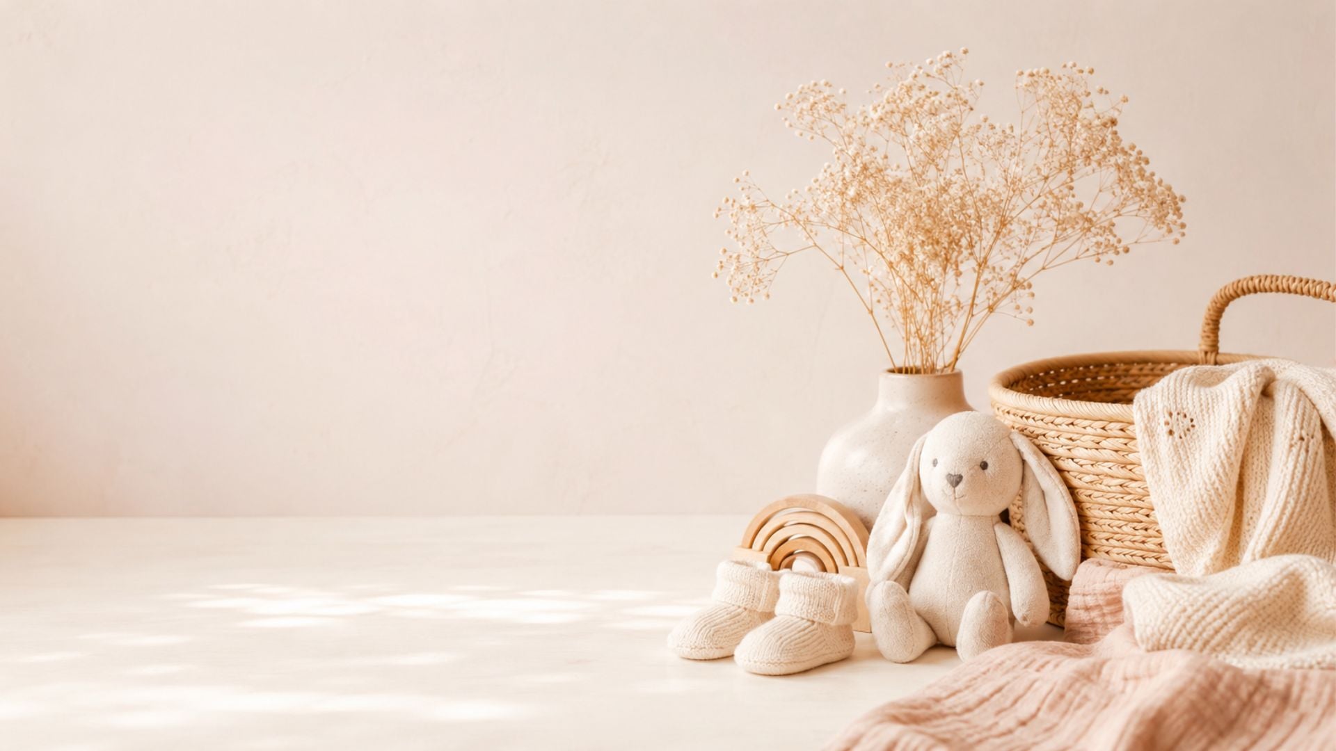 Zachte geboortesfeer met babyspulletjes, knuffel en warme neutrale tinten.