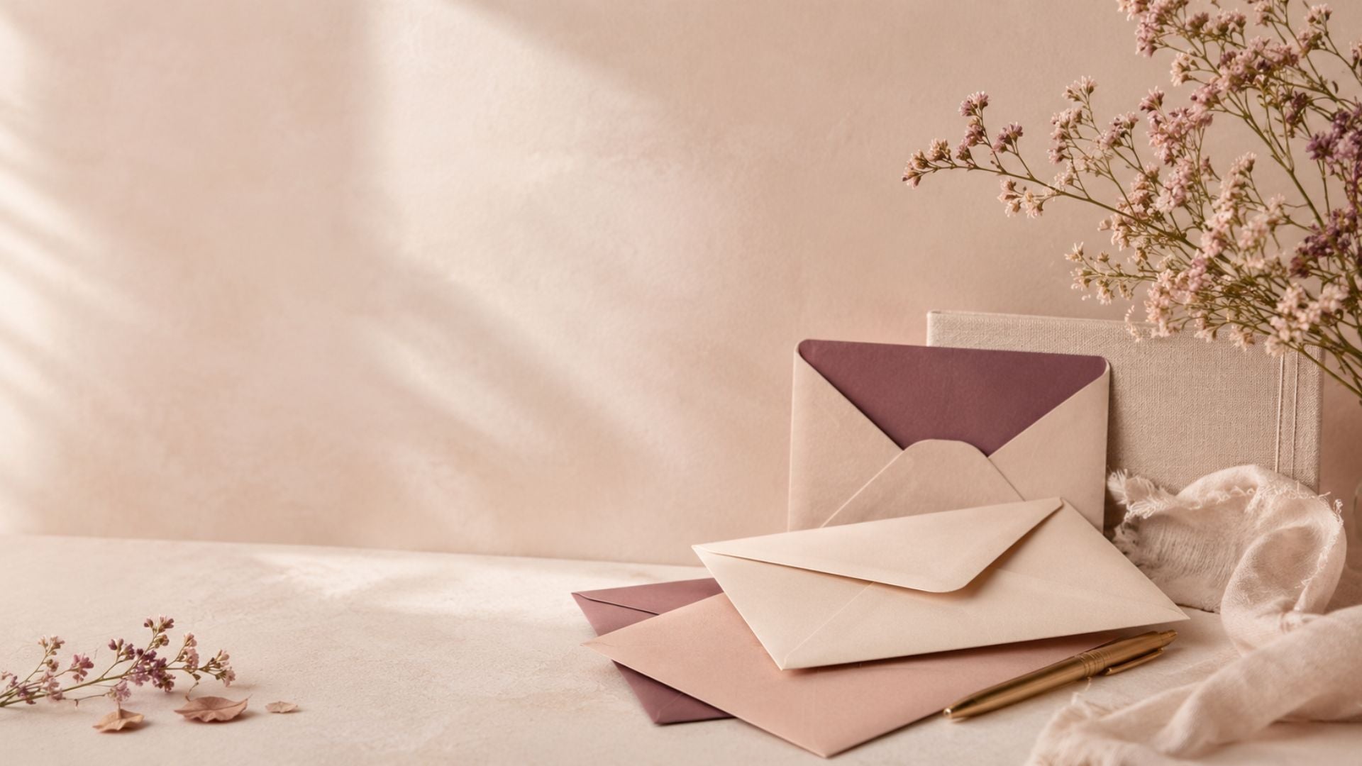 Rustige sfeer voor verschillende gelegenheden met enveloppen, pen en zachte bloemen in warme neutrale tinten met subtiele braambes accenten.