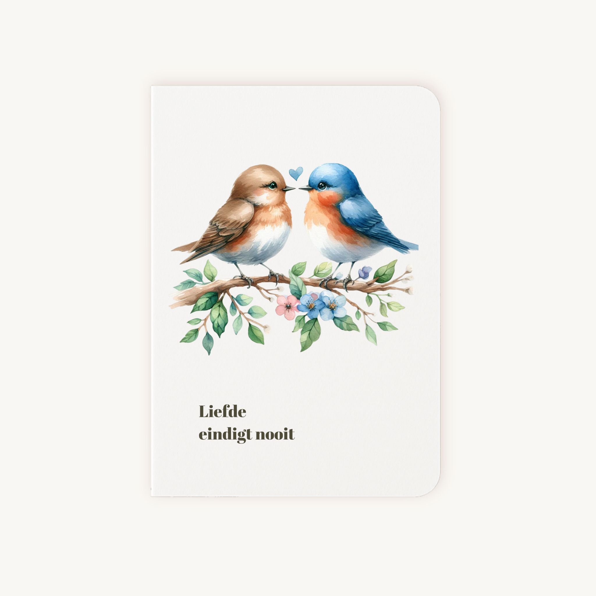 Condoleancekaart aquarel voorkant met twee vogeltjes op tak en tekst liefde eindigt nooit