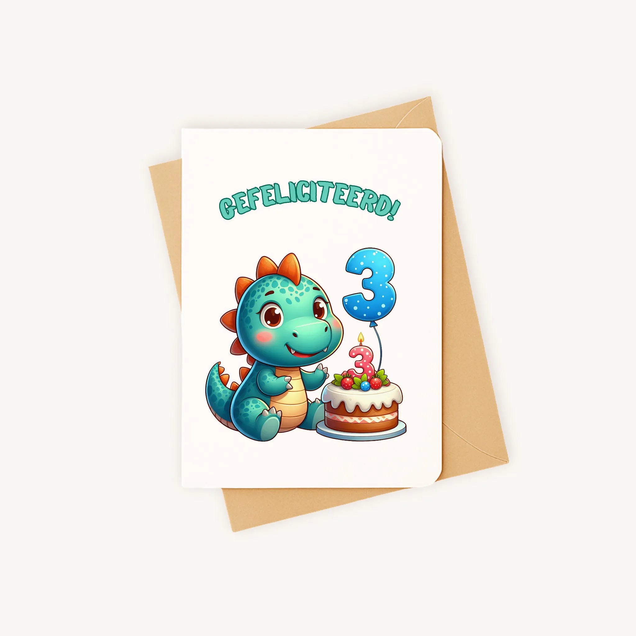 kleurrijke dino-verjaardagskaart met afgeronde hoeken gefeliciteerd 3 jaar