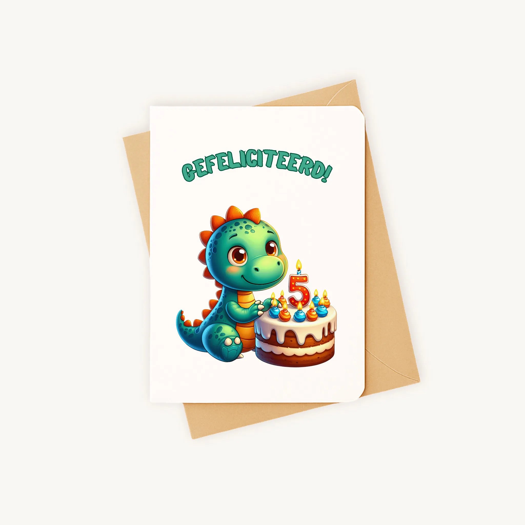 kleurrijke dino-verjaardagskaart met afgeronde hoeken gefeliciteerd 5 jaar