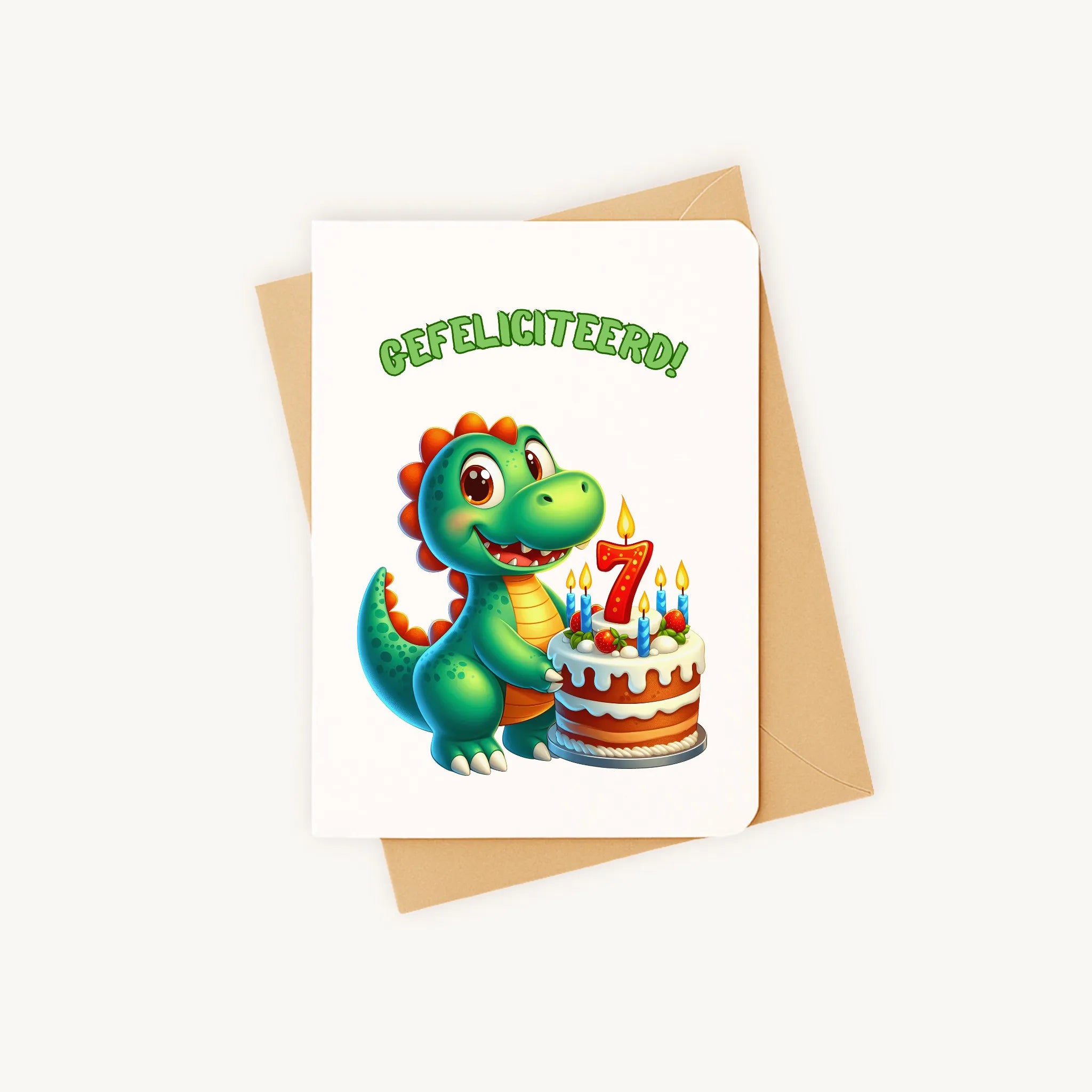 kleurrijke dino-verjaardagskaart met afgeronde hoeken gefeliciteerd 7 jaar