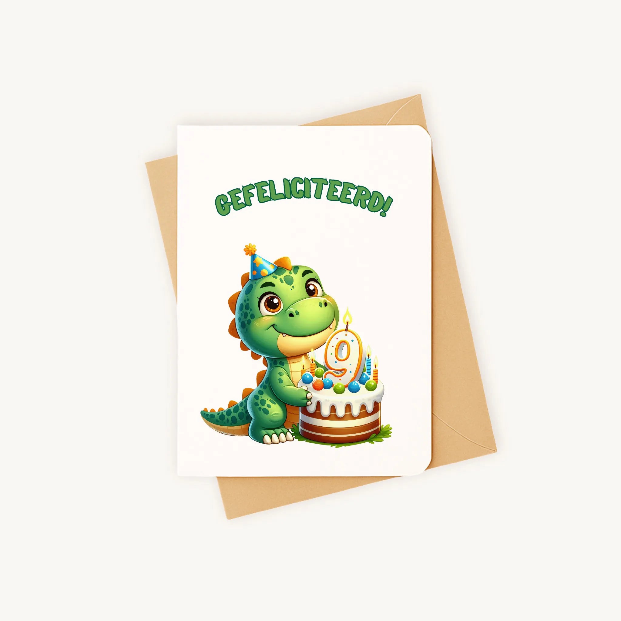 kleurrijke dino-verjaardagskaart met afgeronde hoeken gefeliciteerd 9 jaar