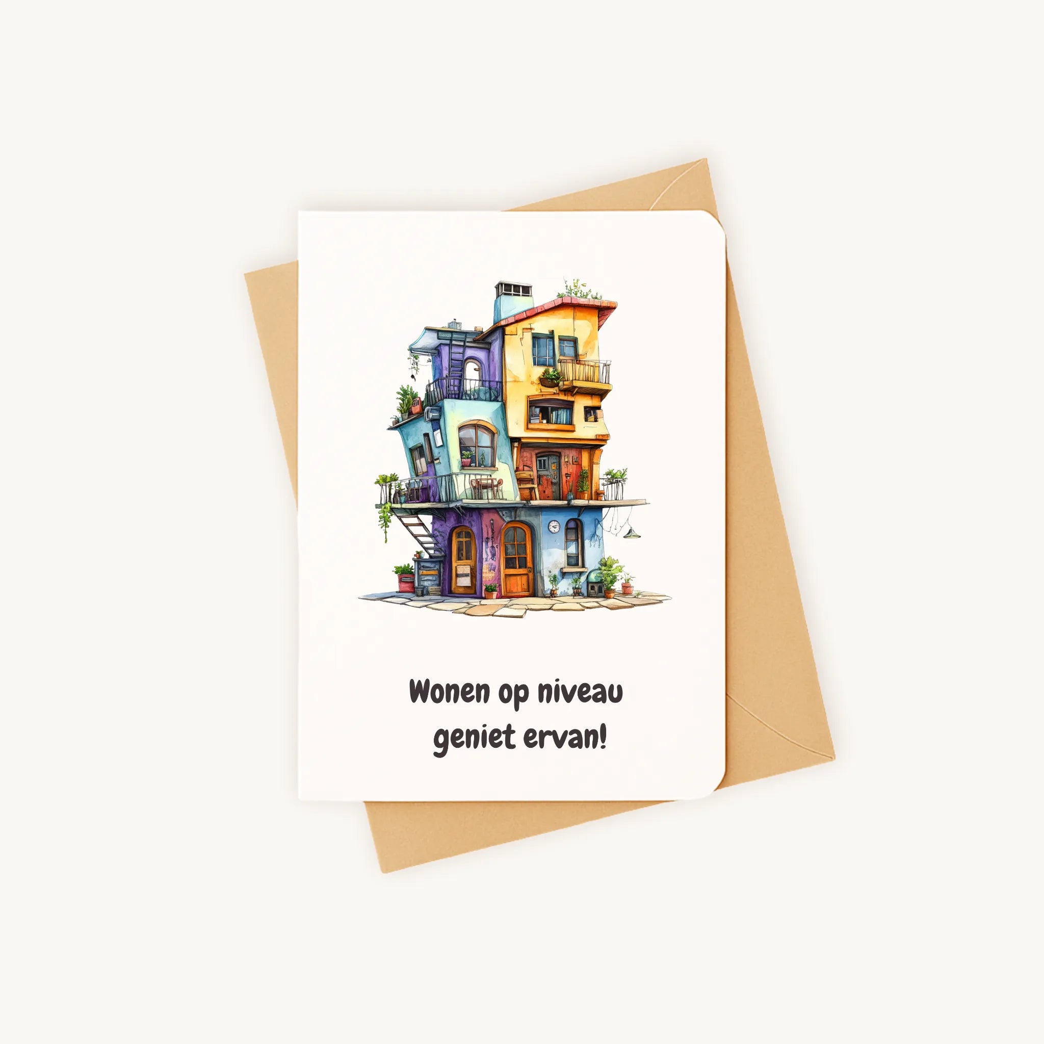 Staande kaart met fantasiehuisillustratie op kraftenvelop.