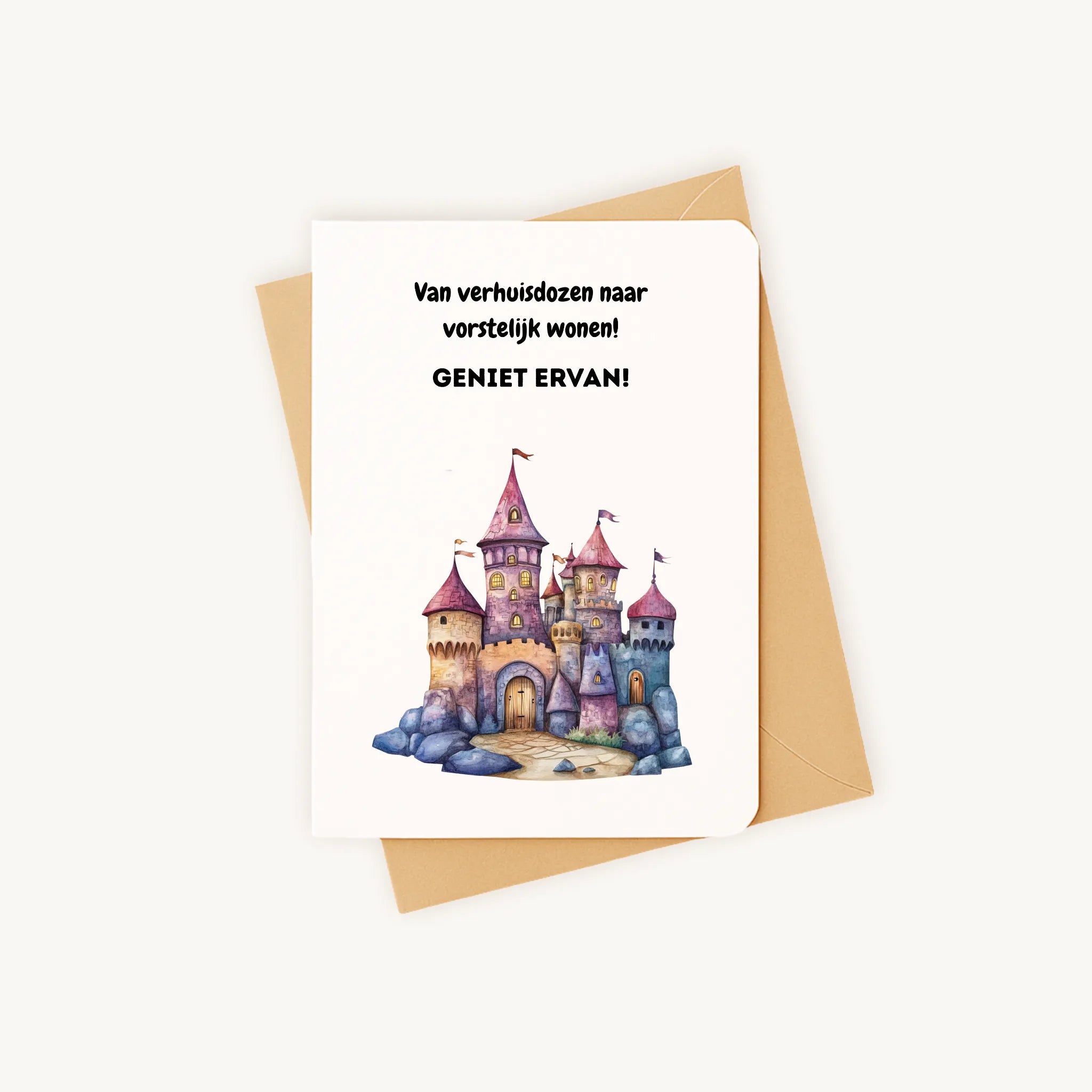 Staande kaart met sprookjeskasteelillustratie op kraftenvelop.
