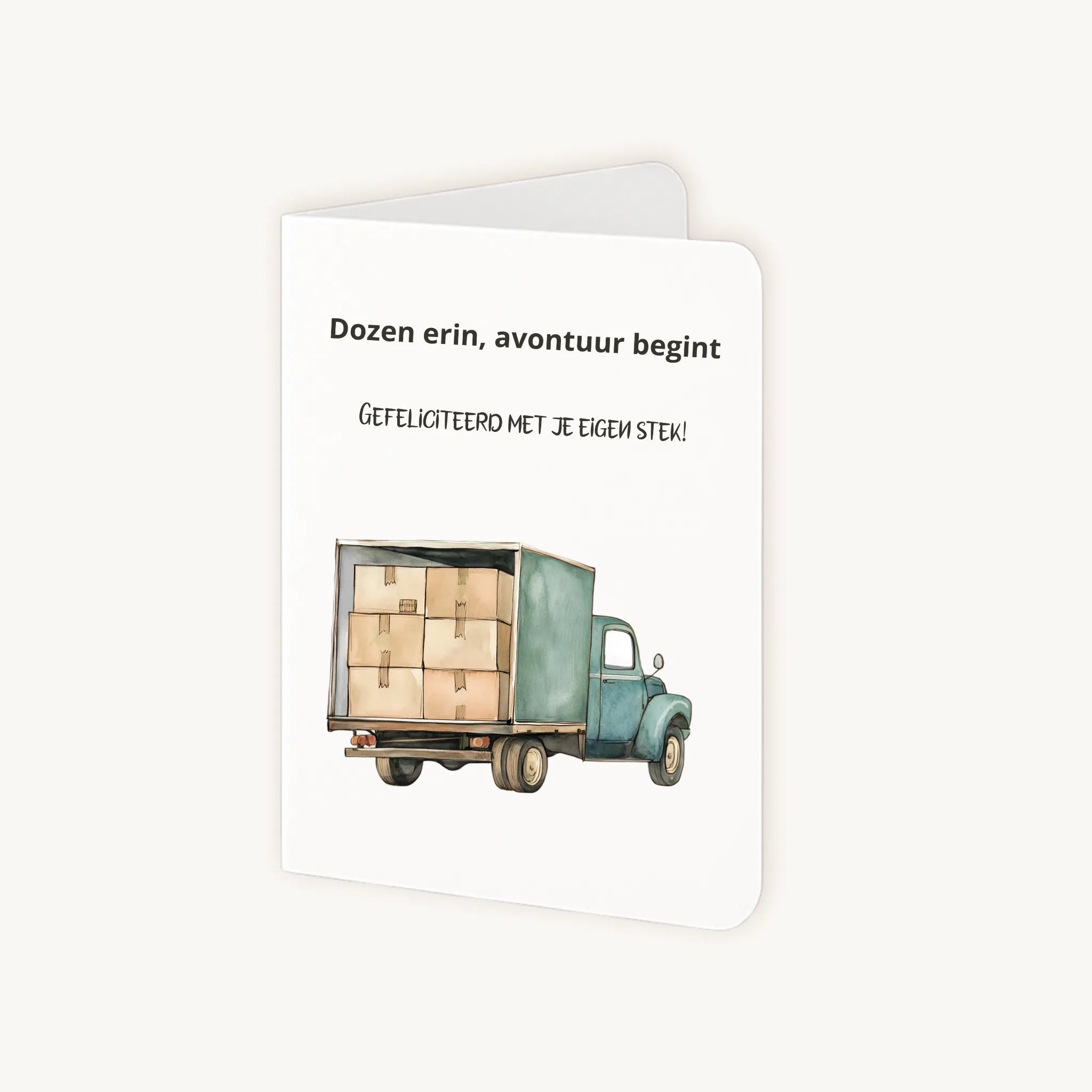 Staande verhuiskaart half geopend met blauwe verhuiswagen.