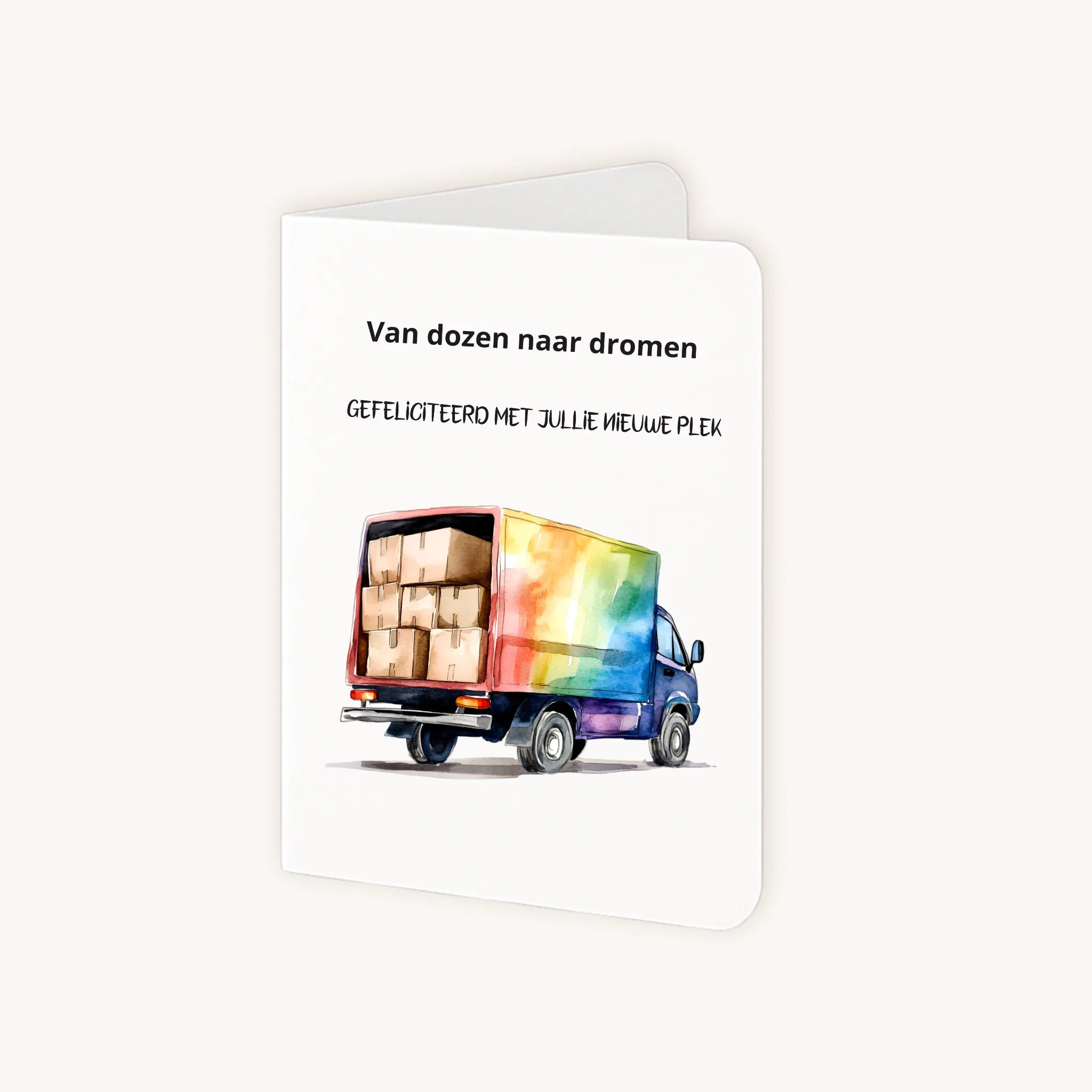 Staande kaart half geopend met verhuiswagen en verhuistekst.