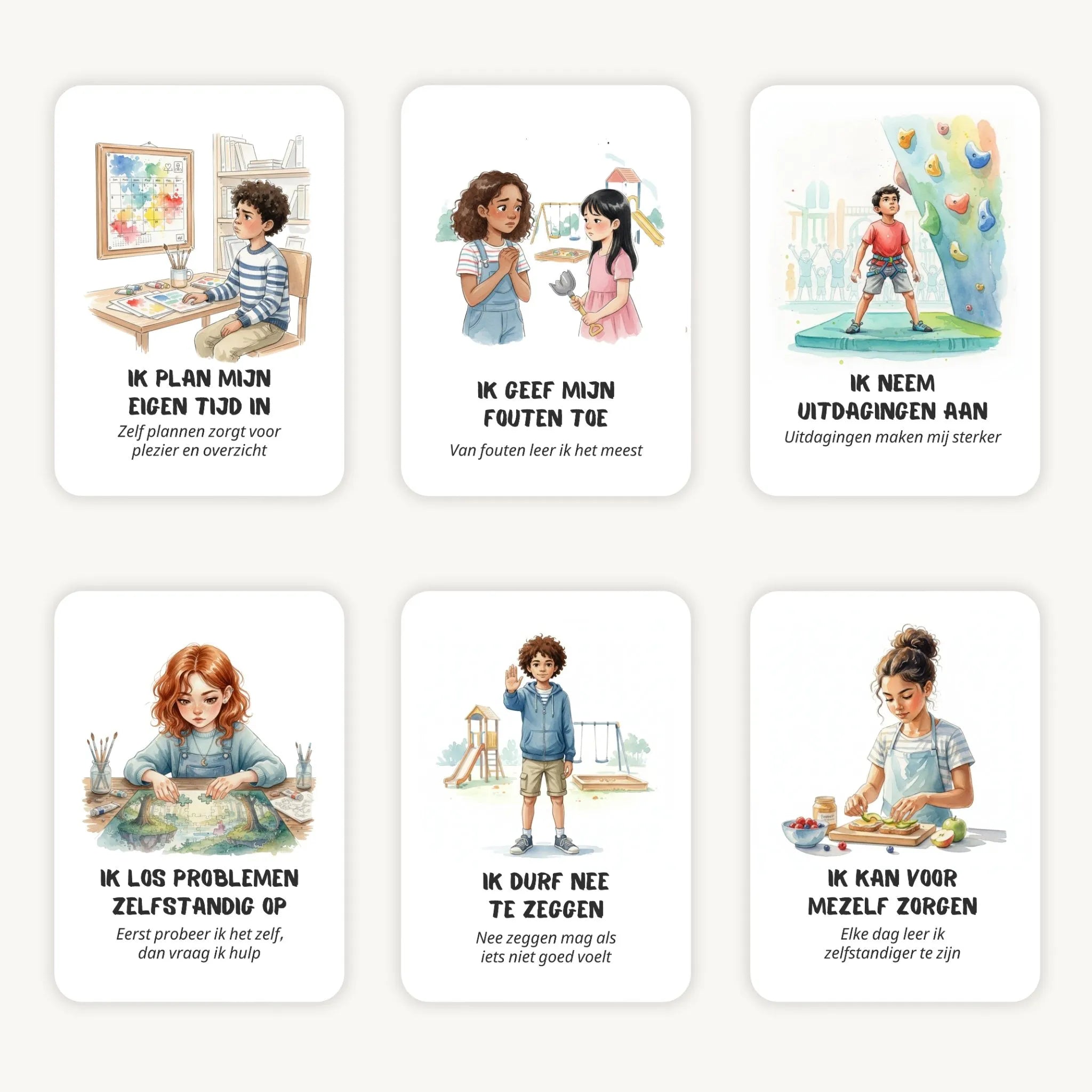 Flatlay van 6 aquarelkaarten met affirmaties en subtekst voor schoolkinderen, zachte tinten en afgeronde hoeken, sfeervol gepresenteerd op een lichte achtergrond.