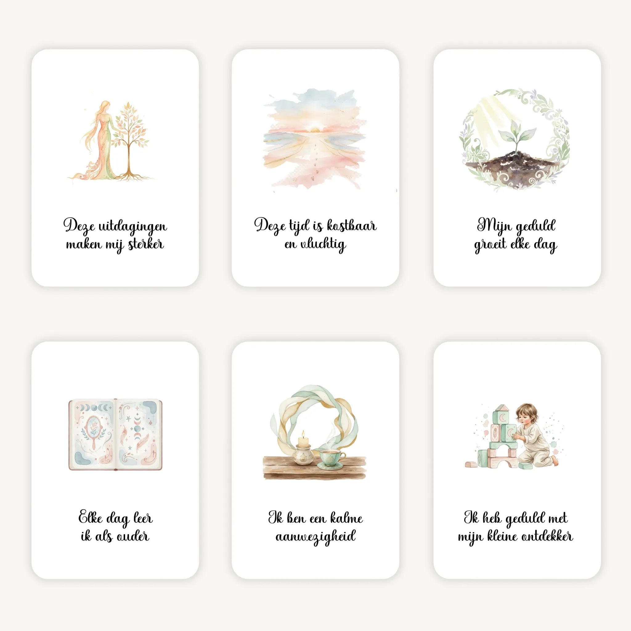 Flatlay van 6 dreamy boho aquarelkaarten met korte affirmaties over het opvoeden van peuters, in zachte natuurlijke tinten met afgeronde hoeken en een warme, rustige uitstraling.