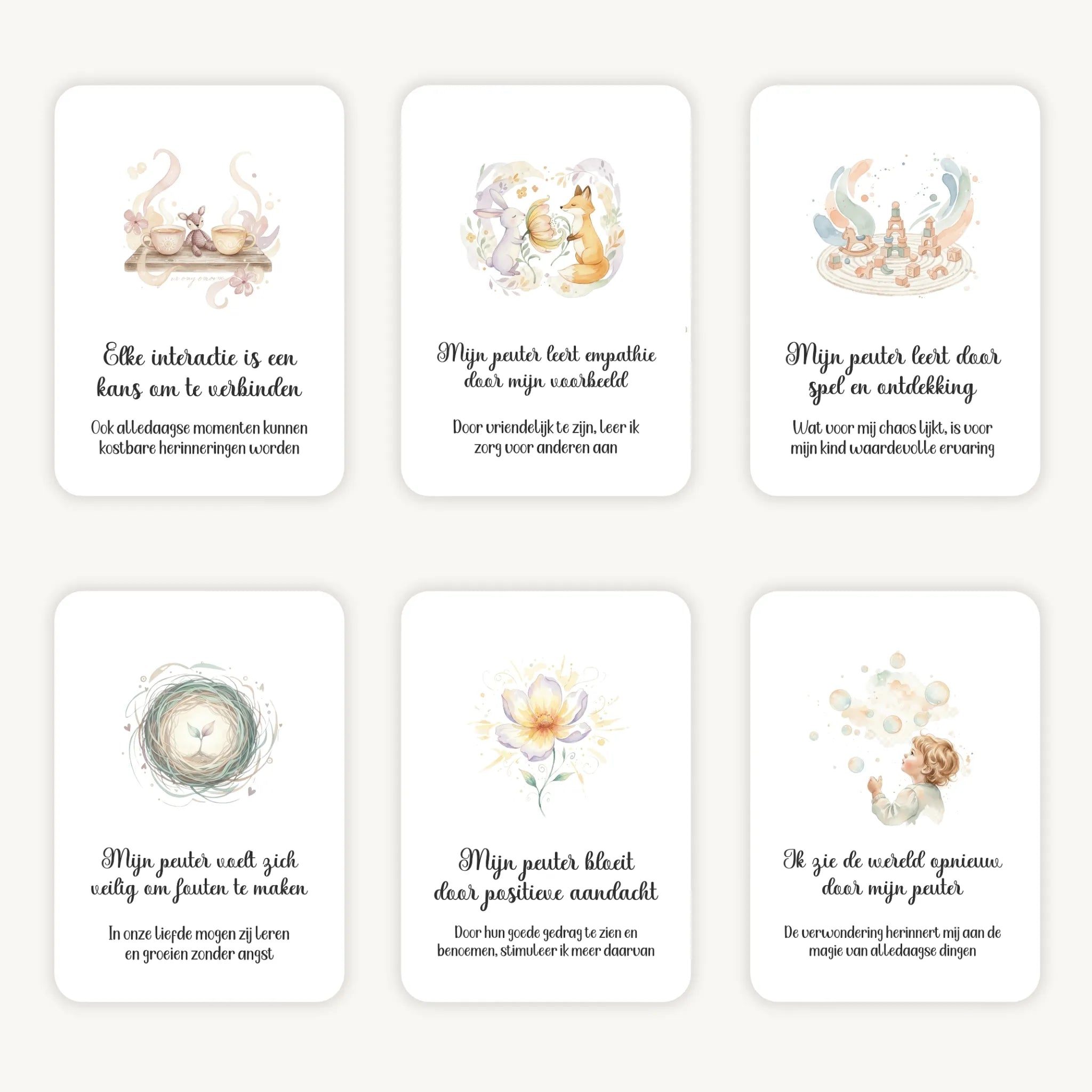 Flatlay van 6 dreamy boho aquarelkaarten met affirmaties en subtekst over het opvoeden van peuters, in zachte natuurlijke kleuren met afgeronde hoeken en een dromerige, warme uitstraling.