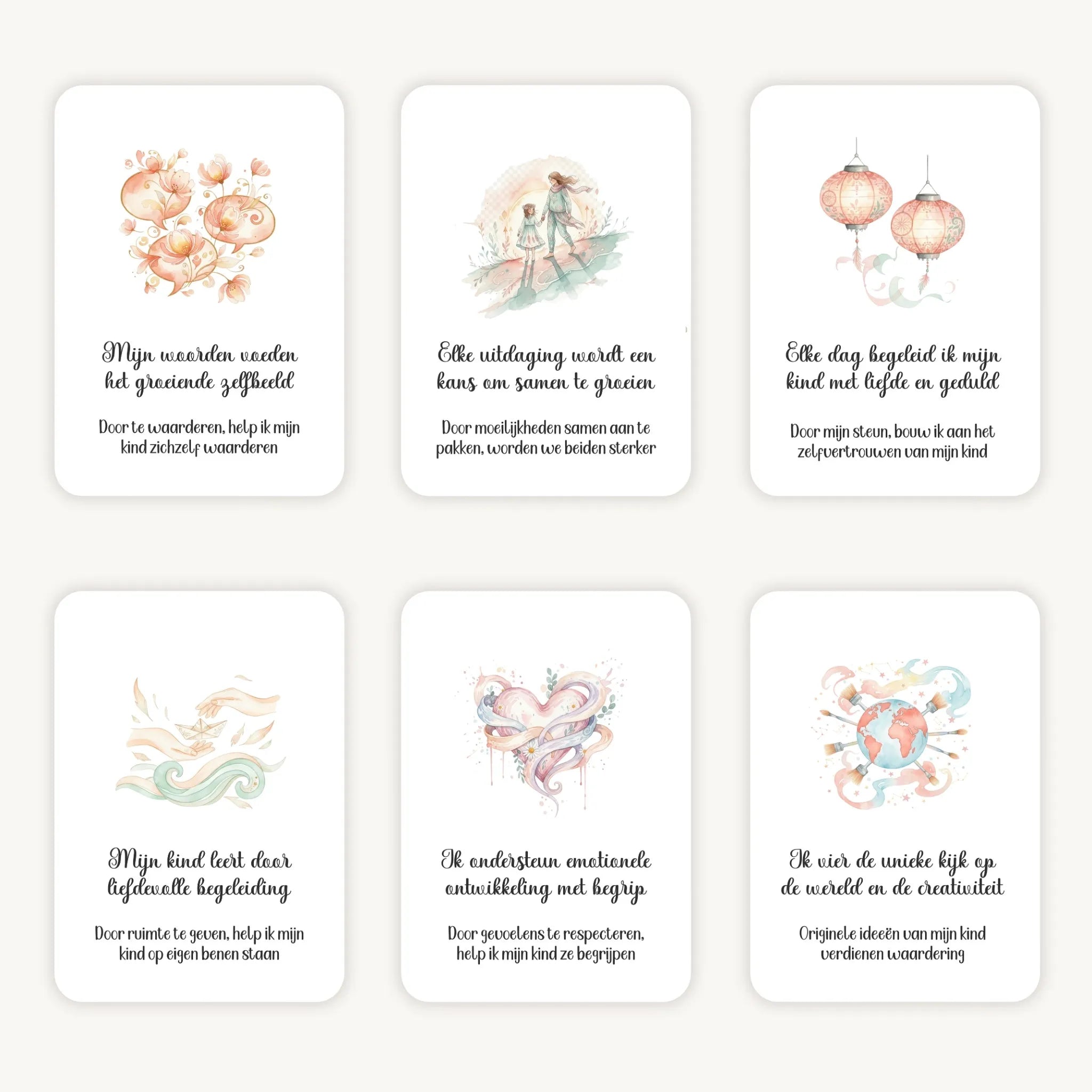 Flatlay van 6 dreamy boho aquarelkaarten met affirmaties en subtekst over het opvoeden van schoolkinderen, in zachte natuurlijke kleuren met afgeronde hoeken en een verfijnde, rustige uitstraling.