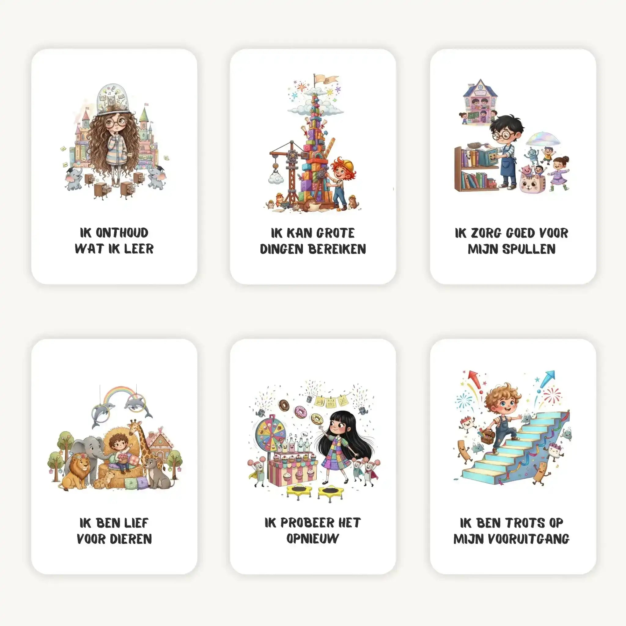 Flatlay van 6 kleurrijke kaarten in quirky whimsical stijl met korte teksten voor schoolkinderen, speelse illustraties en afgeronde hoeken op een lichte ondergrond.