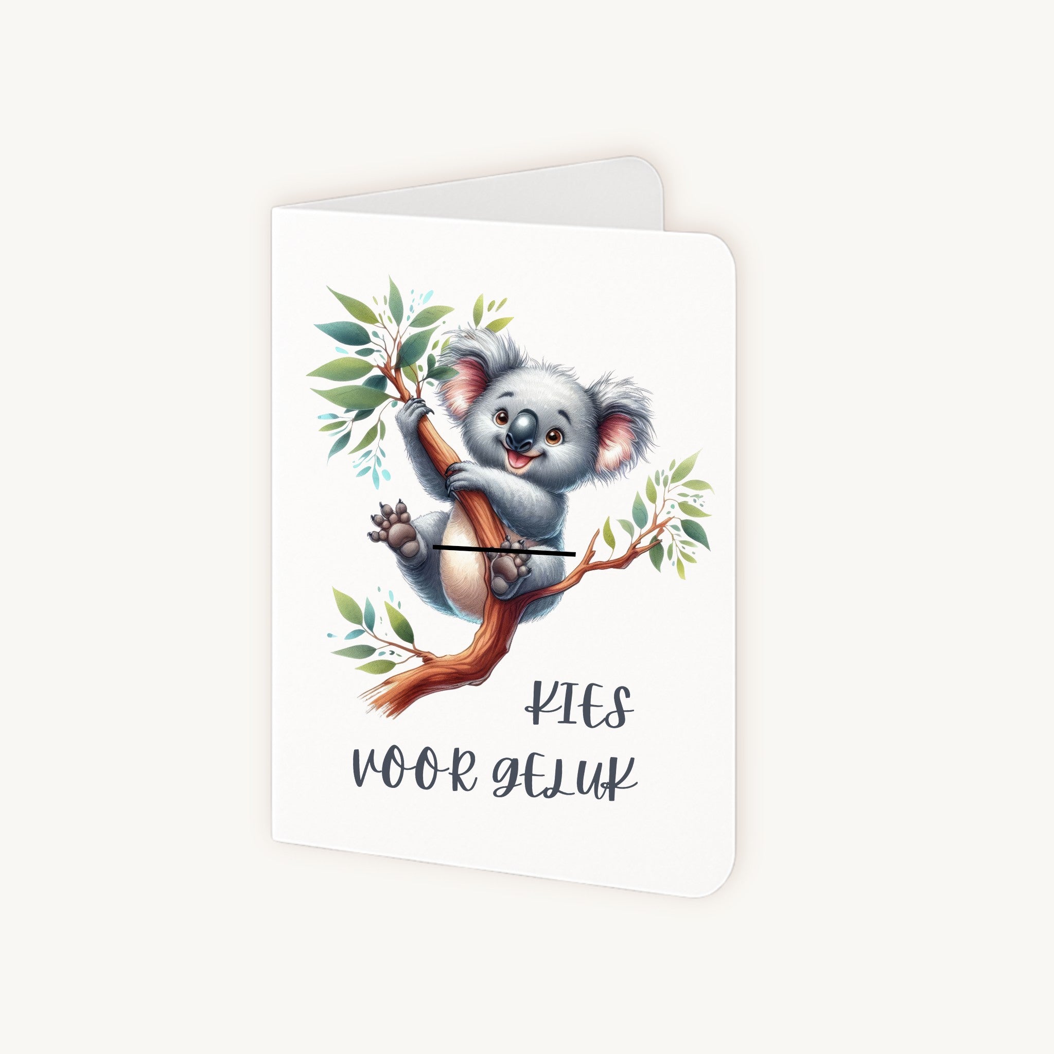 Half geopende gelukskaart koala toont binnenkant voor eigen tekst